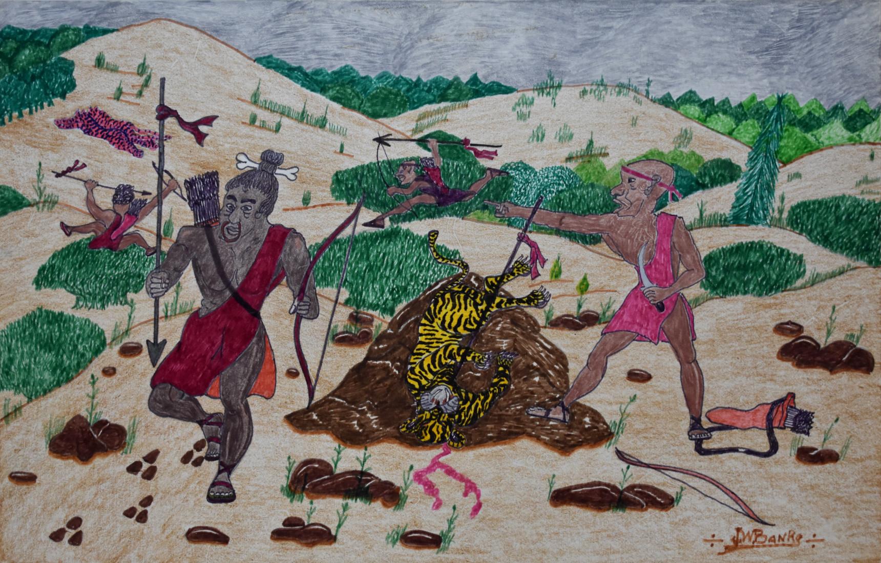 « The Safari Hunt for the Man Eating Tiger » (La chasse au Safari pour l'homme qui mange du tigre) - Artiste populaire noir de San Antonio au Texas 