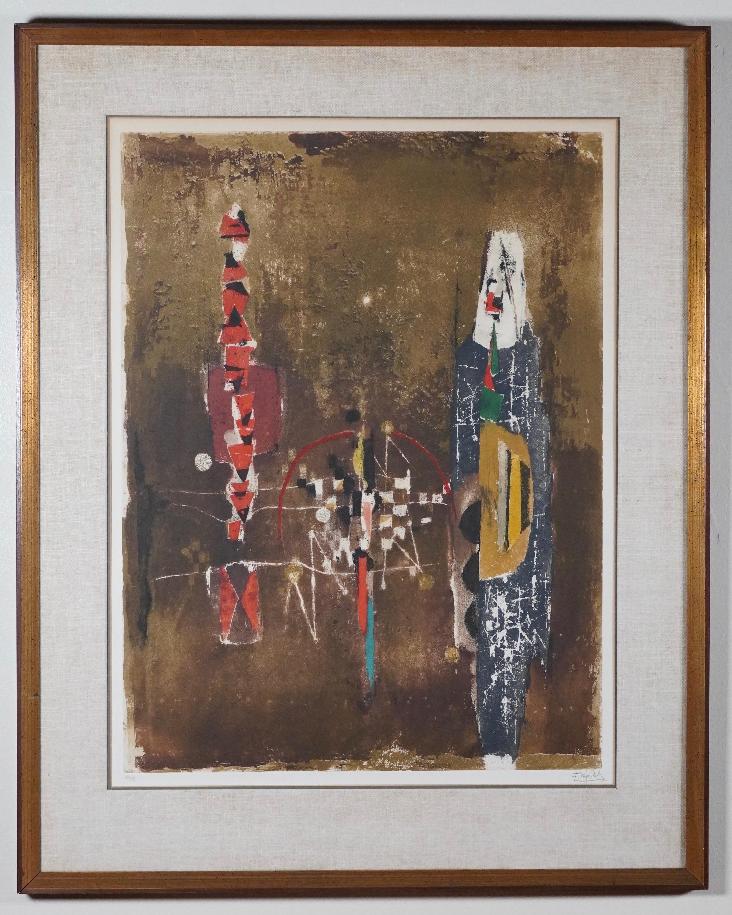 Abstract etching with color wash by artist Johnny Gotthard Friedlaender (1912 - 1992) was active/lived in France, Poland. Johnny Friedlaender is known for Aquatint etching, illustration. R
Framed in a gold and wood finish frame 27