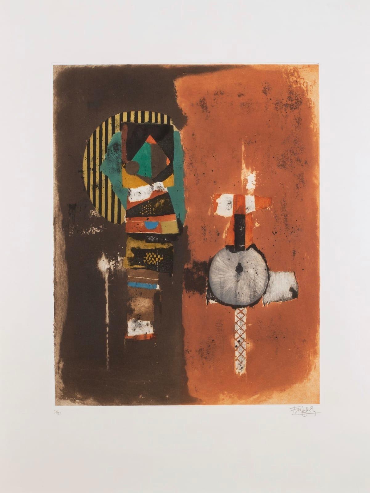 Ohne Titel (Abstrakt), Aquatinta-Detaildruck in Brown und Orange, 1960 – Print von Johnny Friedlaender
