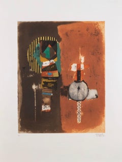 Sin título (abstracto), Grabado al aguatinta marrón y naranja detallado, 1960