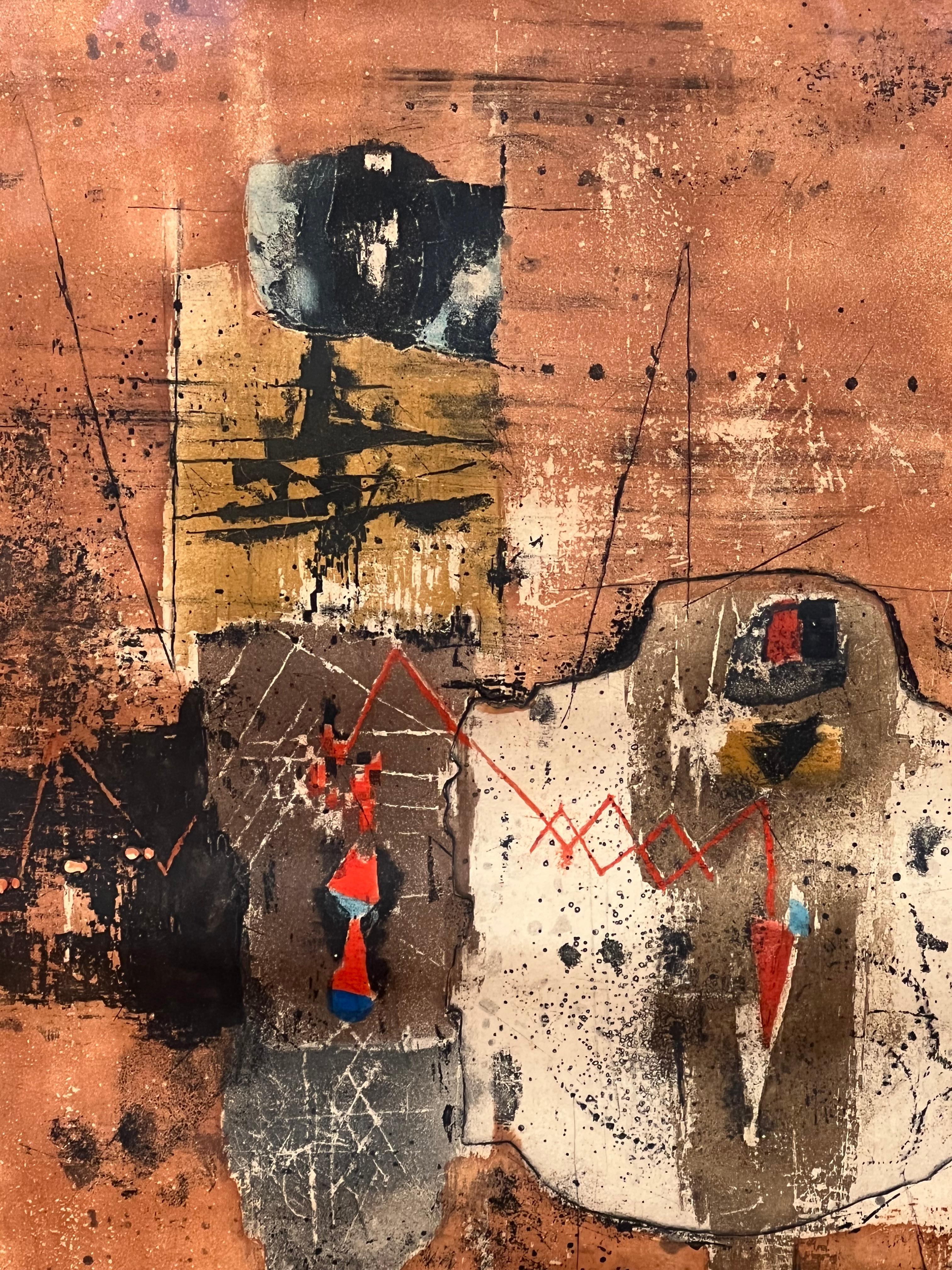 This lithograph by Johnny Friedlander, numbered 28/95 on the bottom left corner and signed on the right, presents an abstract composition against a rust-colored backdrop titled 