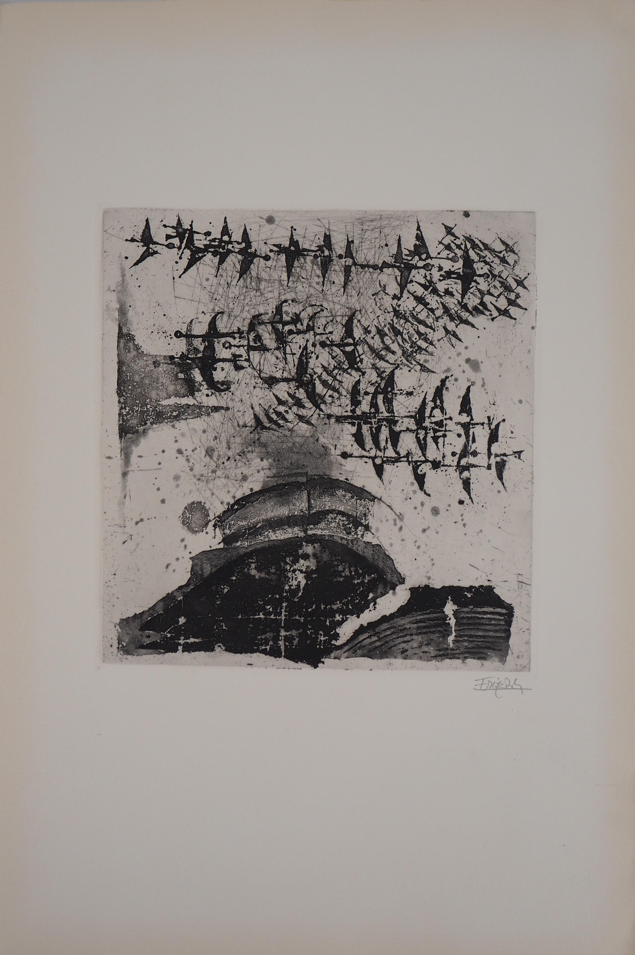 Flying Birds - Original Handsigned Etching, 1963 - Print by Johnny Friedlaender