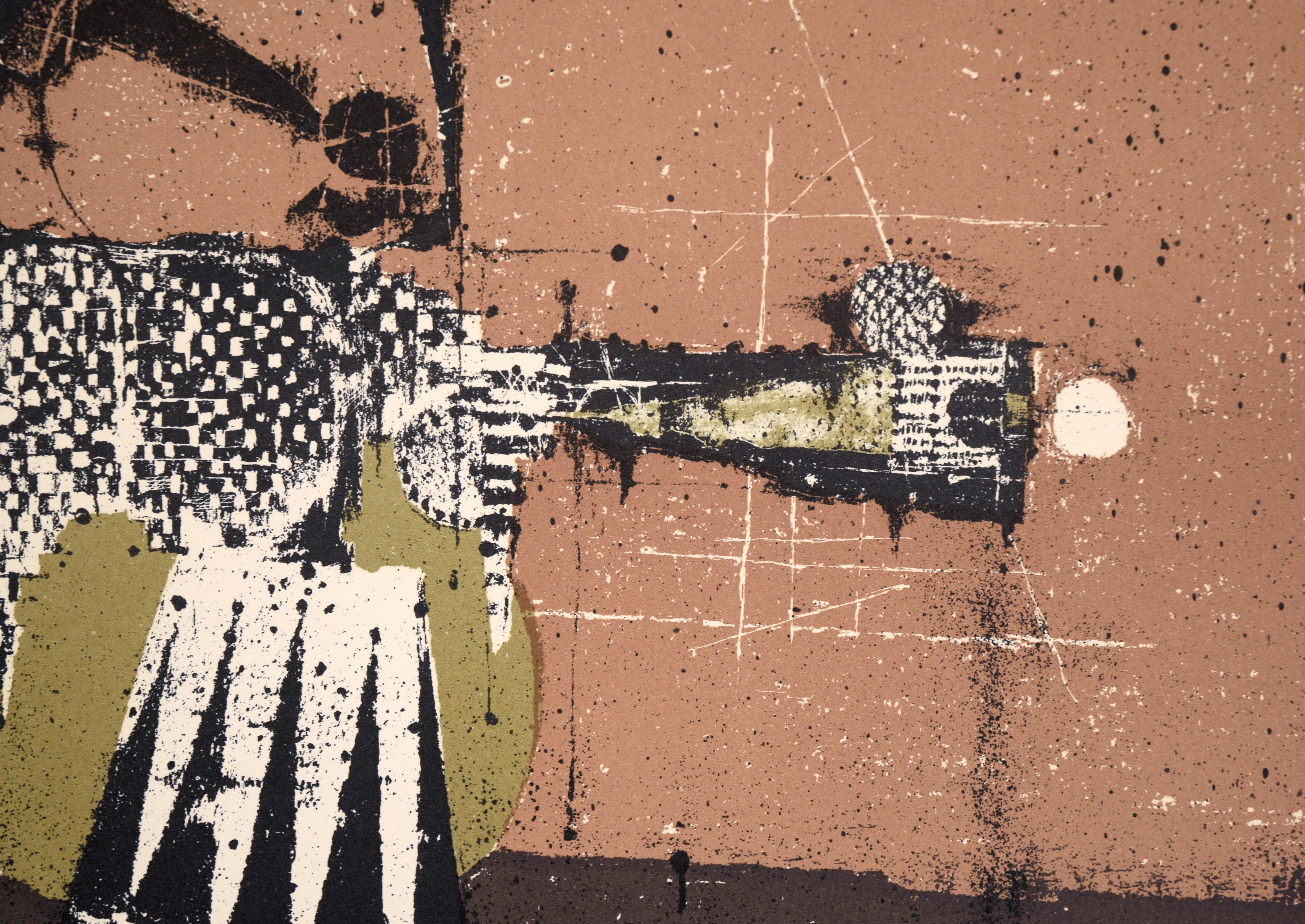 Bold abstract aquatint by Johnny Friedlaender (Polish-French, 1912-1992). Comprised of two main sections, this piece is full of detail and texture. The upper layer is a reddish tan, whereas the bottom layer is a rich brown. Geometrical shapes are