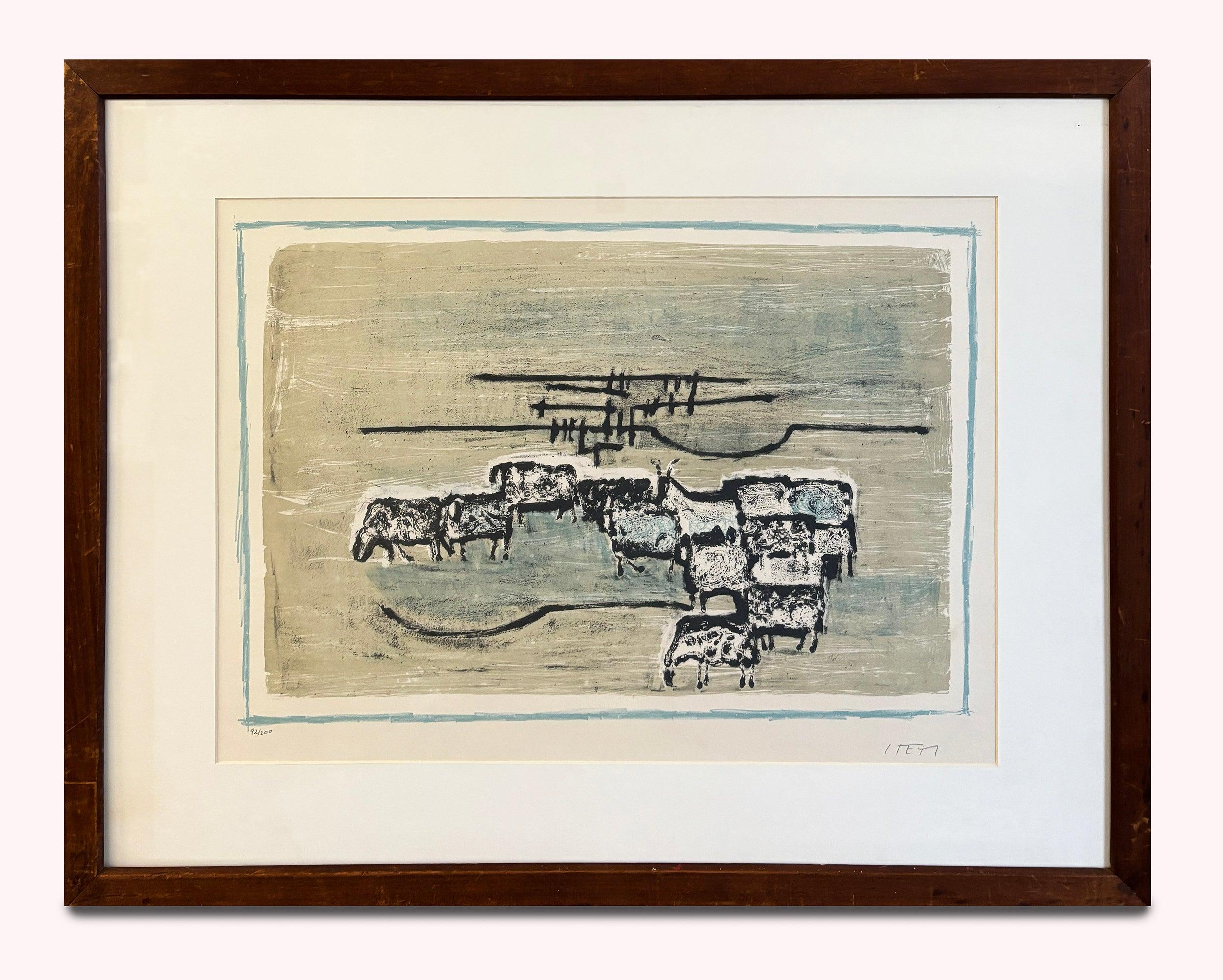 This evocative mid-century composition reflects the lyrical abstraction associated with artists such as Johnny Friedlaender, combining delicate tonal fields with expressive linear drawing. The image presents a quiet pastoral scene—suggestive of