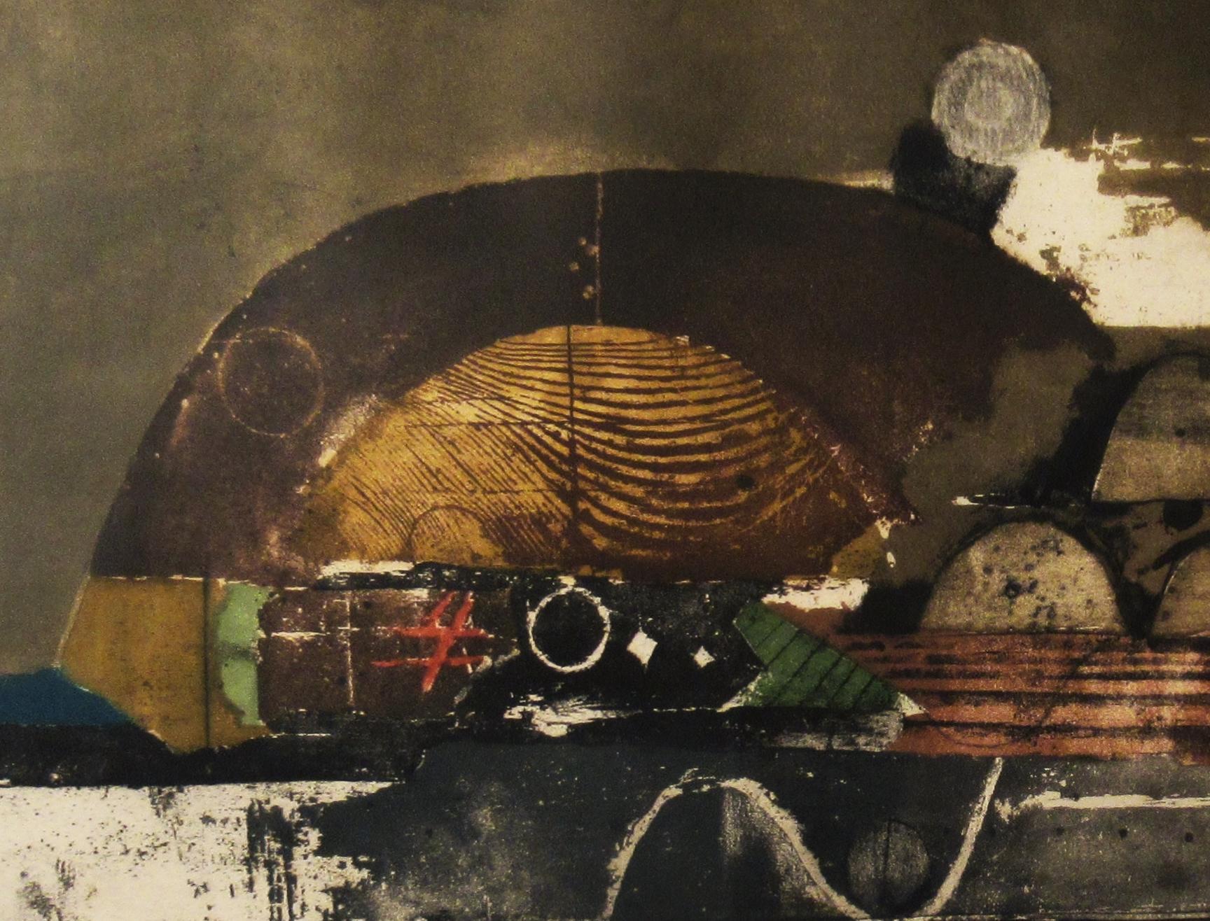 Dieses Kunstwerk mit dem Titel „Montagne Ocre“ von 1973 in einer Original-Farbradierung mit Aquatinta auf Arches-Papier des bekannten polnischen Künstlers Johnny Friedlaender, 1912-1992. Sie ist handsigniert und mit E.A. beschriftet. (Epreuve