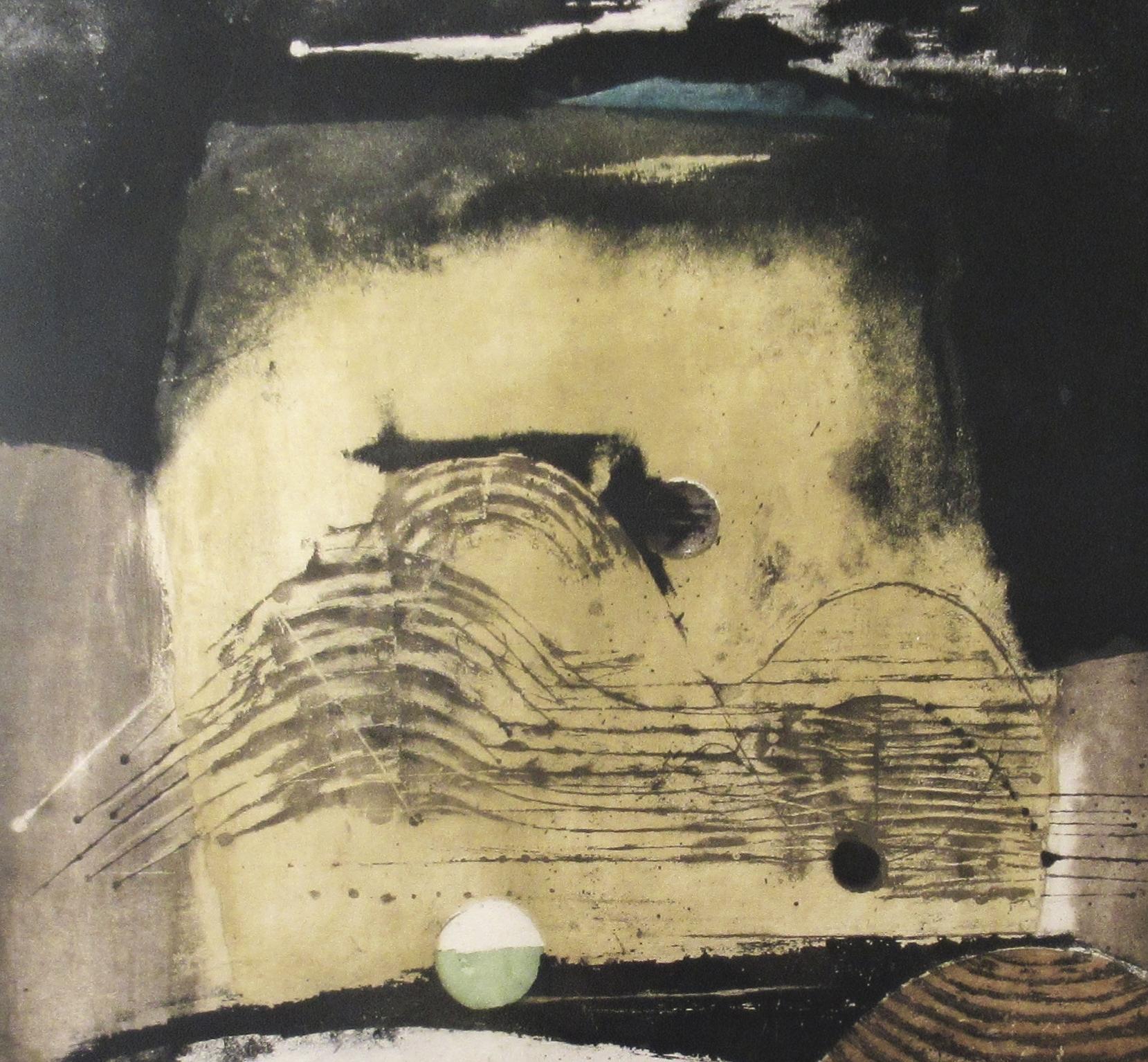 „ „Sombre““ Sehr große Radierung mit Aquatinta (Beige), Abstract Print, von Johnny Friedlaender