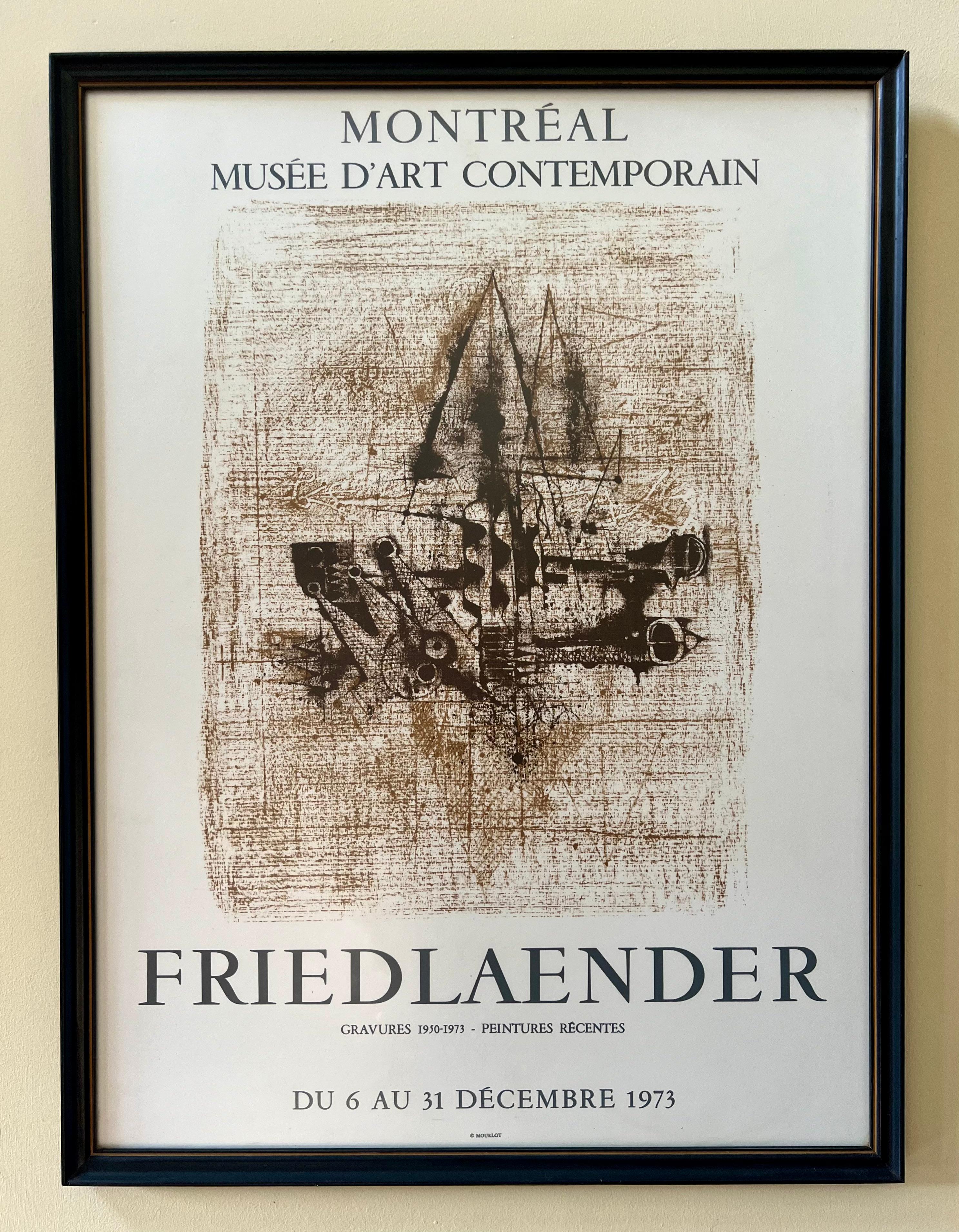 Poster della mostra astratta di Johnny Friedlaender che annuncia le sue opere al Musée d'Art Contemporain di Montréal, dal 6 al 31 dicembre 1973. Le opere esposte sono state eseguite dal 1950 al 1973.

Con un astratto senza titolo di Woodlaender del
