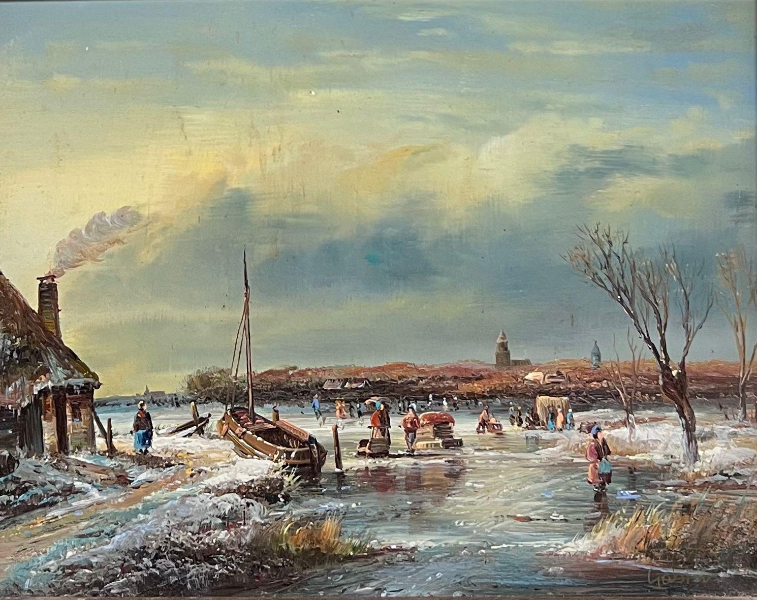 Fino Paisaje Holandés de Hielo de Invierno Figuras tocando Hielo Firmado Óleo Dorado Marco Barrido - Painting de Johnny Gaston