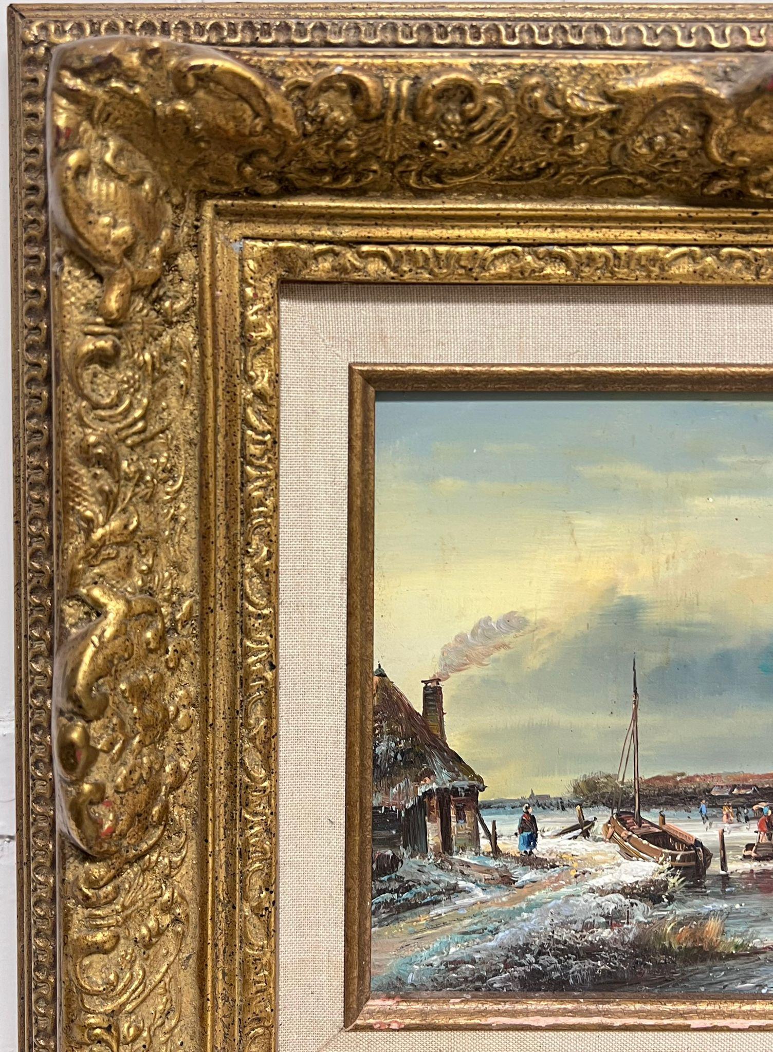 Fino Paisaje Holandés de Hielo de Invierno Figuras tocando Hielo Firmado Óleo Dorado Marco Barrido - Painting Escuela holandesa de Johnny Gaston