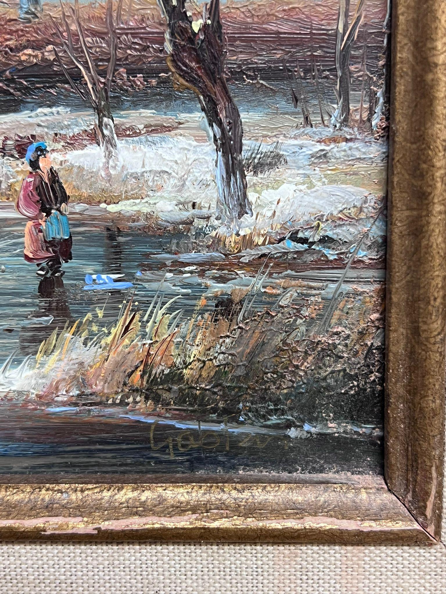 Fino Paisaje Holandés de Hielo de Invierno Figuras tocando Hielo Firmado Óleo Dorado Marco Barrido - Figurative Painting Marrón de Johnny Gaston