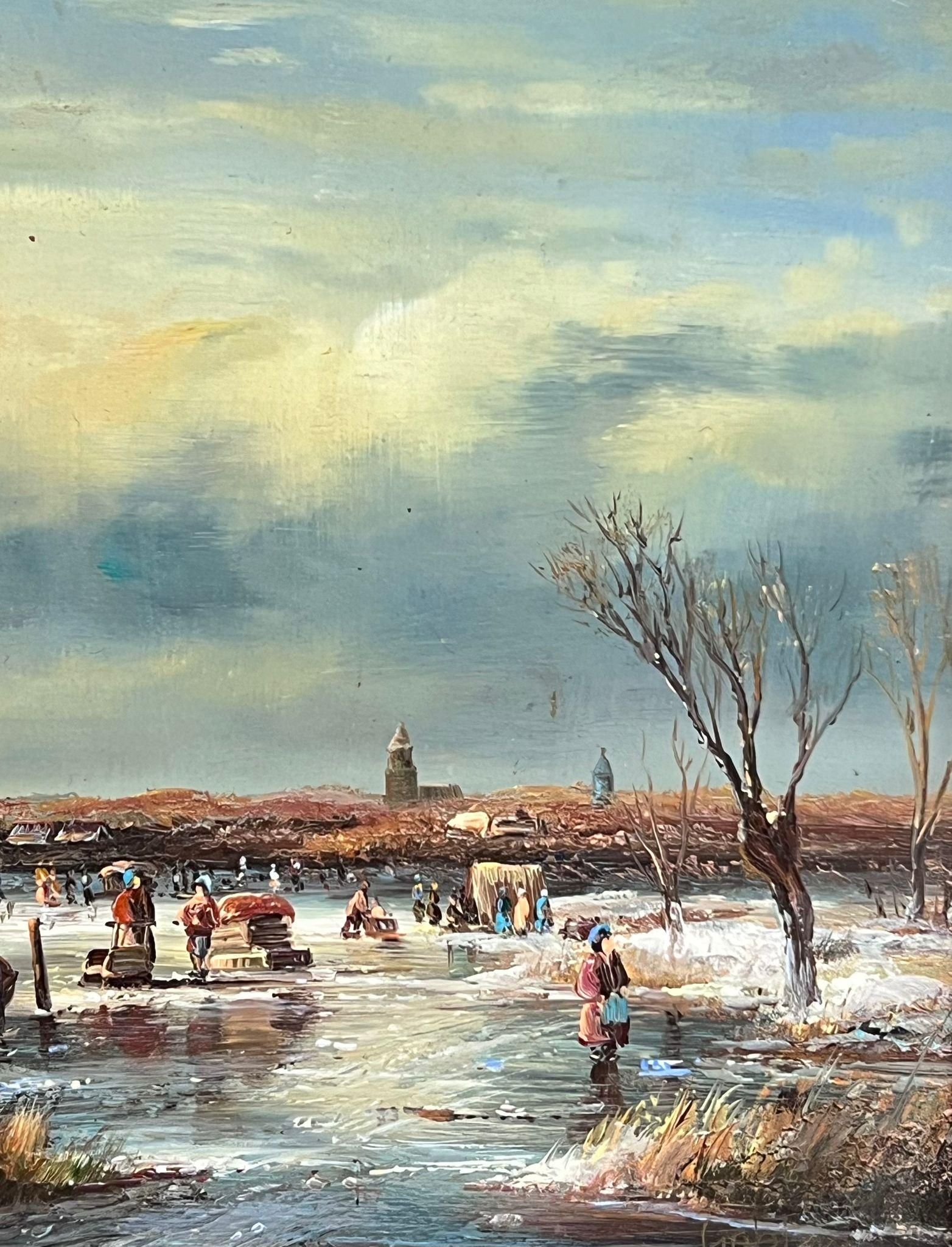 Fino Paisaje Holandés de Hielo de Invierno Figuras tocando Hielo Firmado Óleo Dorado Marco Barrido en venta 1