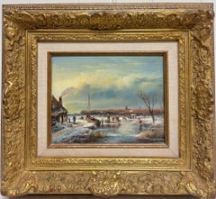 Raffinato paesaggio invernale olandese con figure che giocano con il ghiaccio, olio firmato, cornice dorata e spazzata