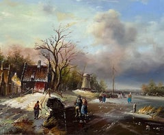 Raffinato dipinto ad olio olandese firmato con scena d'inverno, con abitanti del villaggio che si affrettano su ghiaccio e neve
