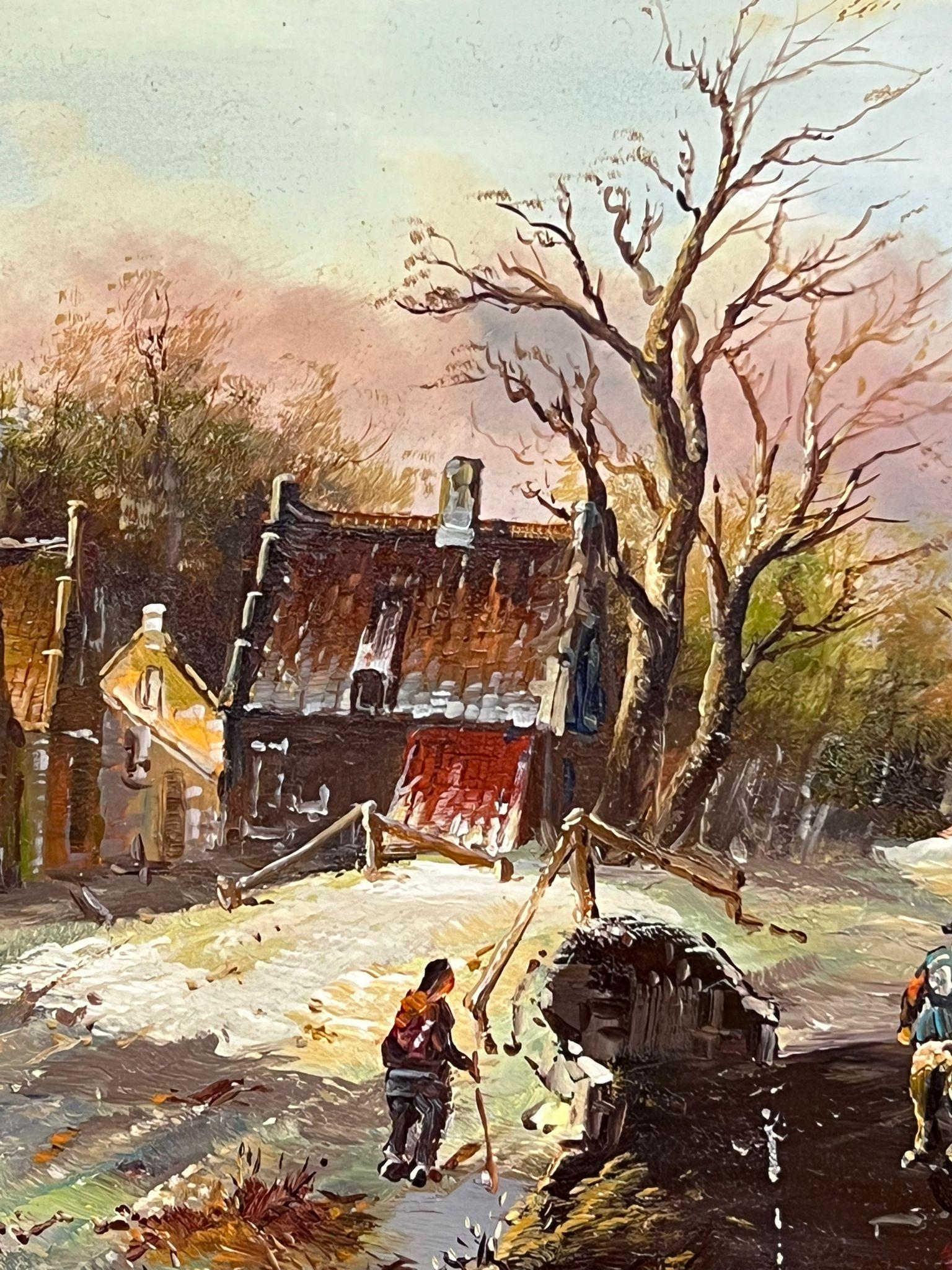 Fina escena invernal holandesa Aldeanos apresurándose sobre hielo y nieve Pintura al óleo firmada - Painting Escuela holandesa de Johnny Gaston