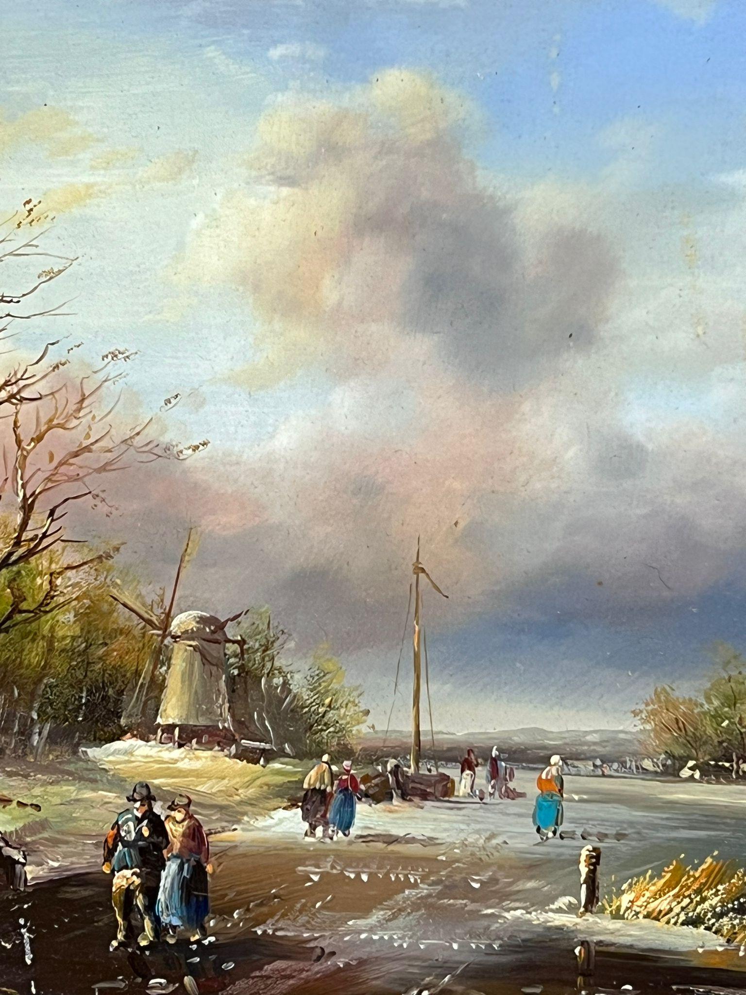 Fina escena invernal holandesa Aldeanos apresurándose sobre hielo y nieve Pintura al óleo firmada - Landscape Painting Marrón de Johnny Gaston