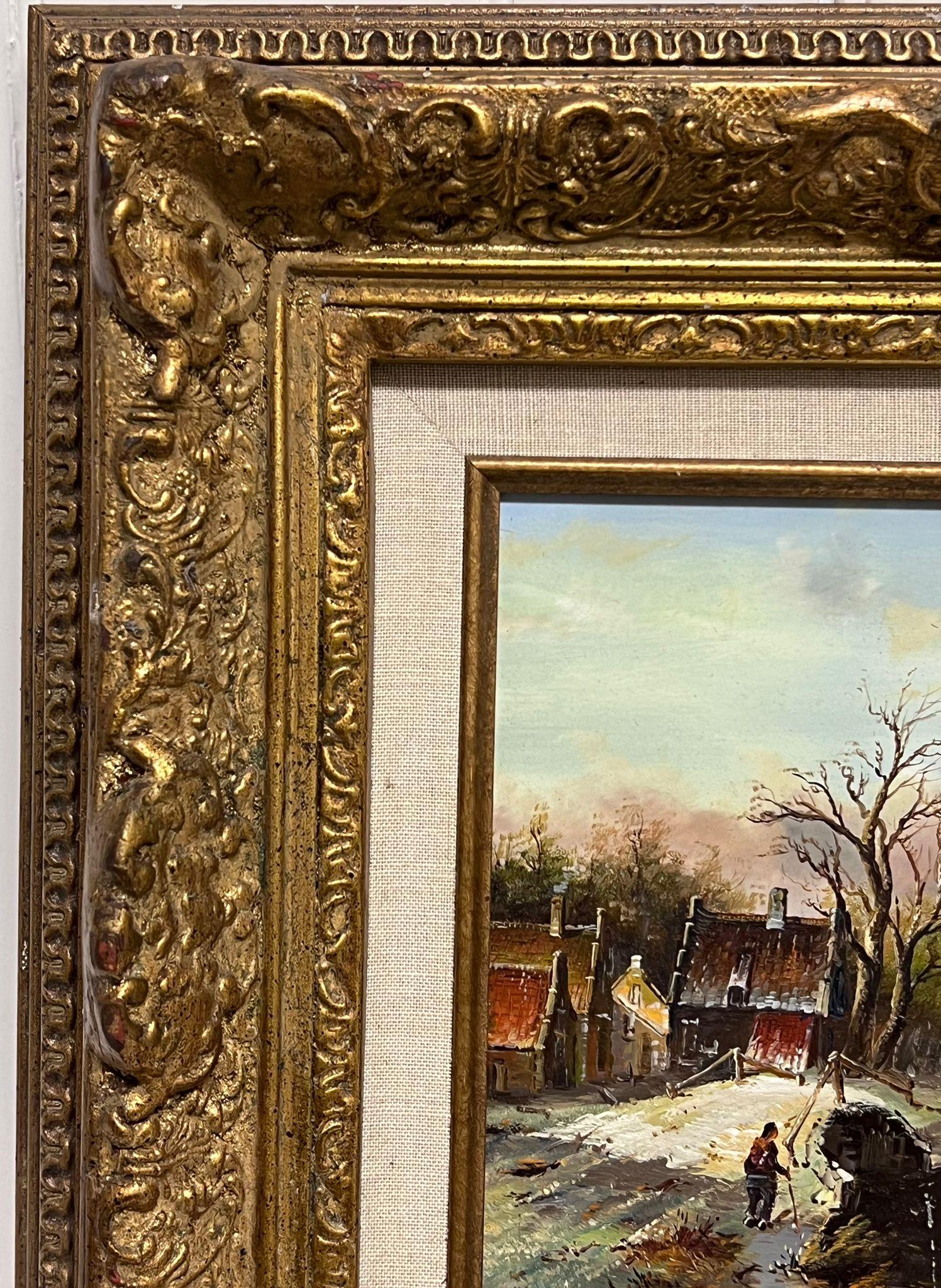 Fina escena invernal holandesa Aldeanos apresurándose sobre hielo y nieve Pintura al óleo firmada 1