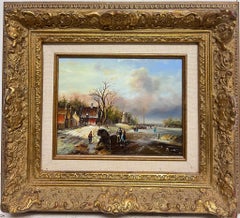 Fine Dutch Winter Scene Villagers Hurrying on Ice and Snow Signed Oil Painting