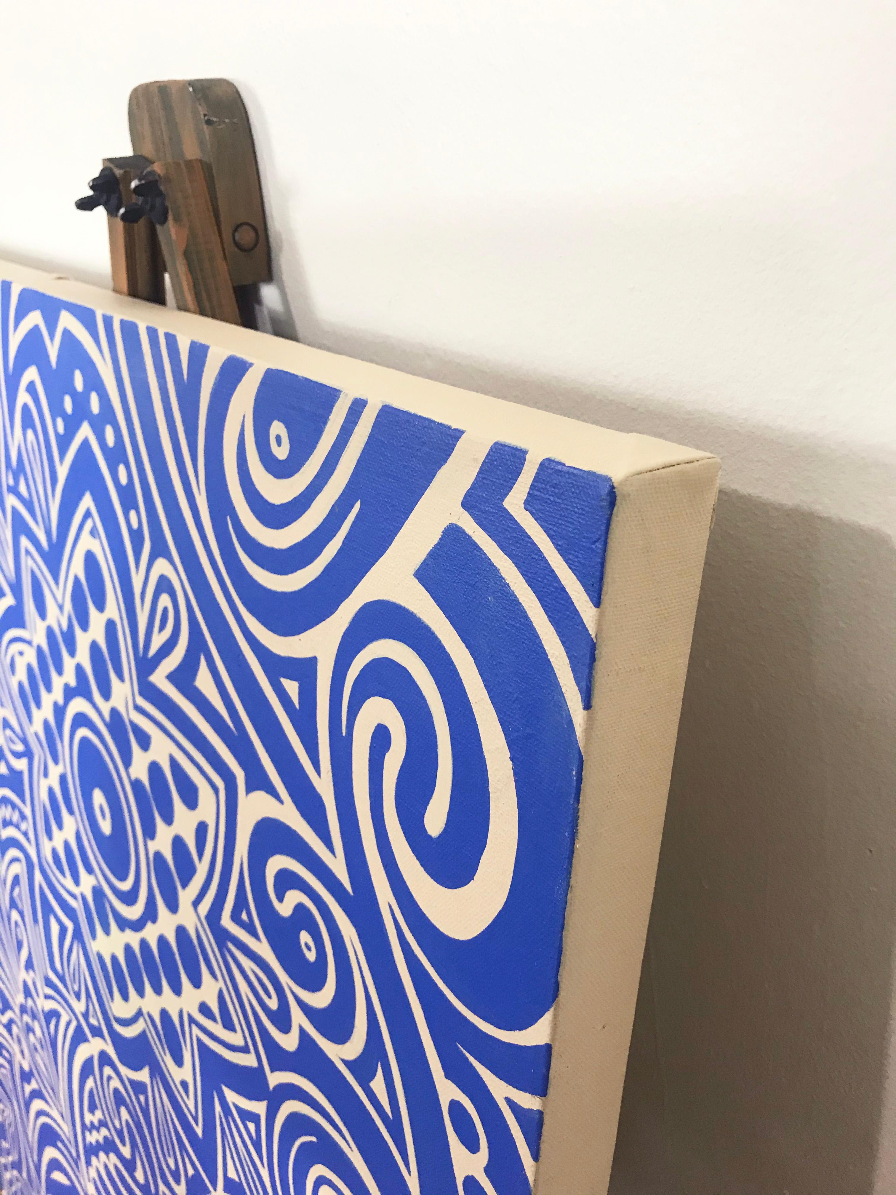 <p>Artist Comments<br />A bird in an ultramarine blue garden of stylized, graphic flowers. Part of a series of paintings and wood cutouts inspired by artist Johnny Karwan's love of pattern and the natural expression of simplicity and flow. 