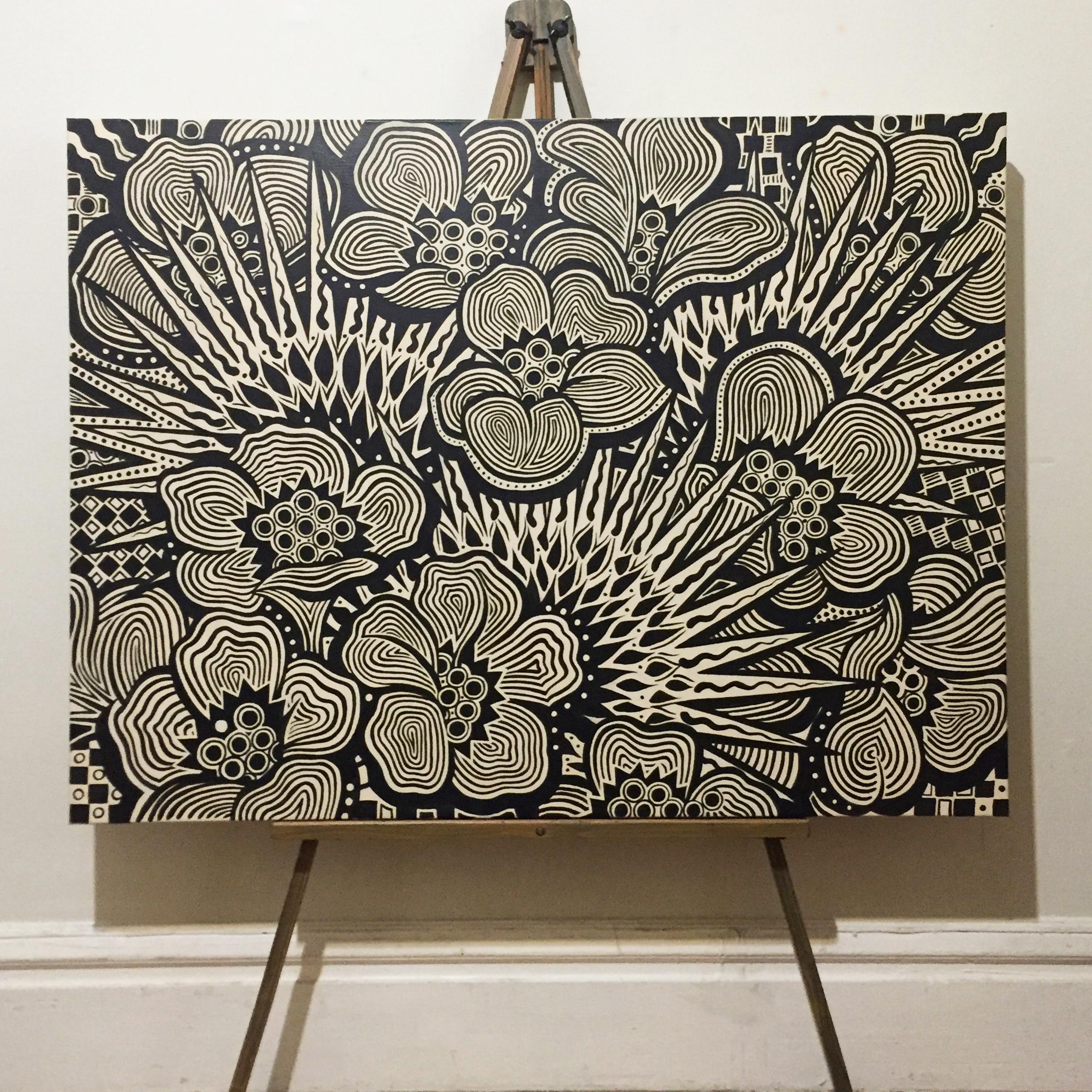 <p>Artist Comments<br />Graphic patterned floral scene in black and white. Part of a series of paintings and wood cutouts inspired by Johnny's love of pattern and the natural expression of spontaneous simplicity and flow. 
