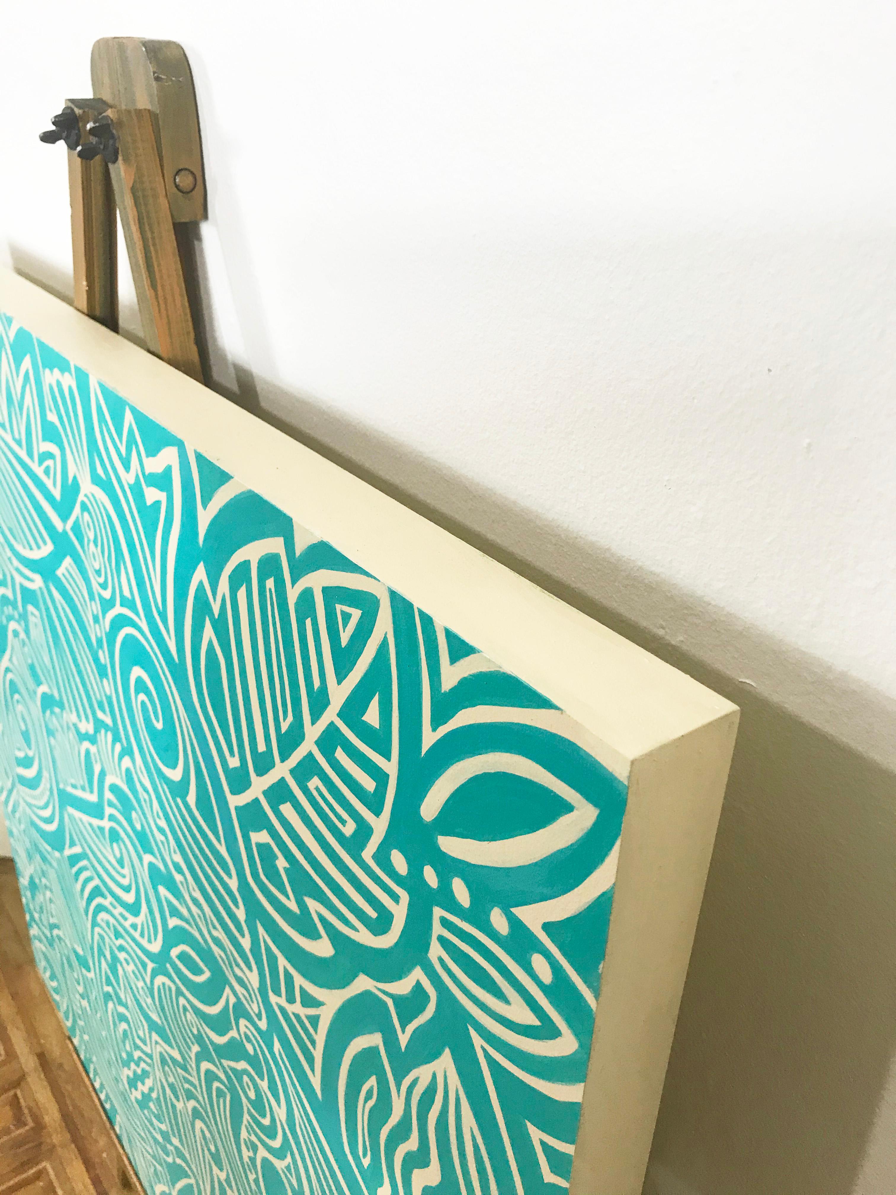 <p>Artist Comments<br />Nine birds in a tree rendered in graphic, patterned turquoise and white. Part of a series of paintings and wood cutouts inspired by artist Johnny Karwan's love of pattern and the natural expression of simplicity and flow. 