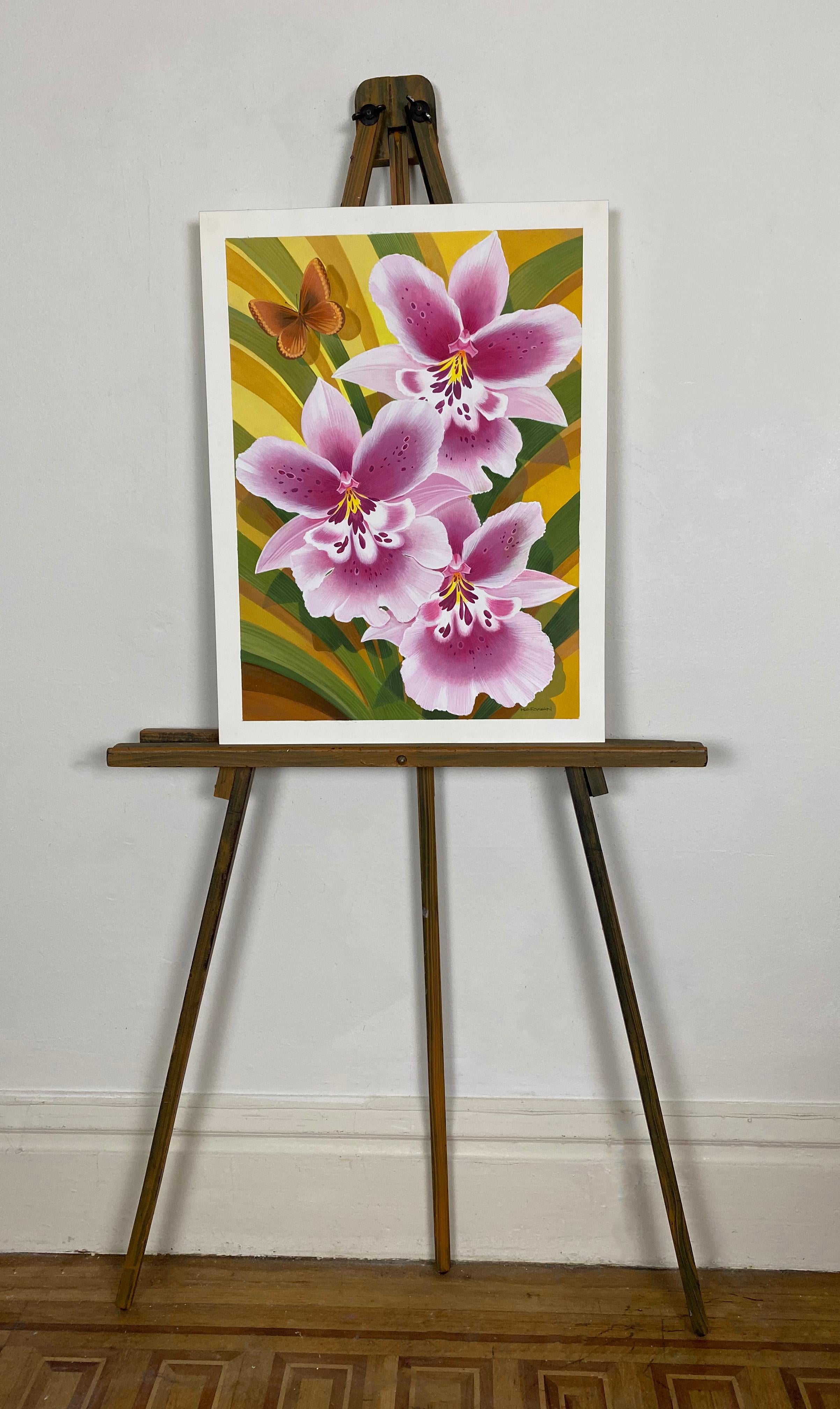 <p>Artist Comments<br>Three blooming orchids flourish against a tropical green and yellow background with an orange butterfly gently floating around. Artist Johnny Karwan paints bright floral pieces reflecting his passion for all things natural,