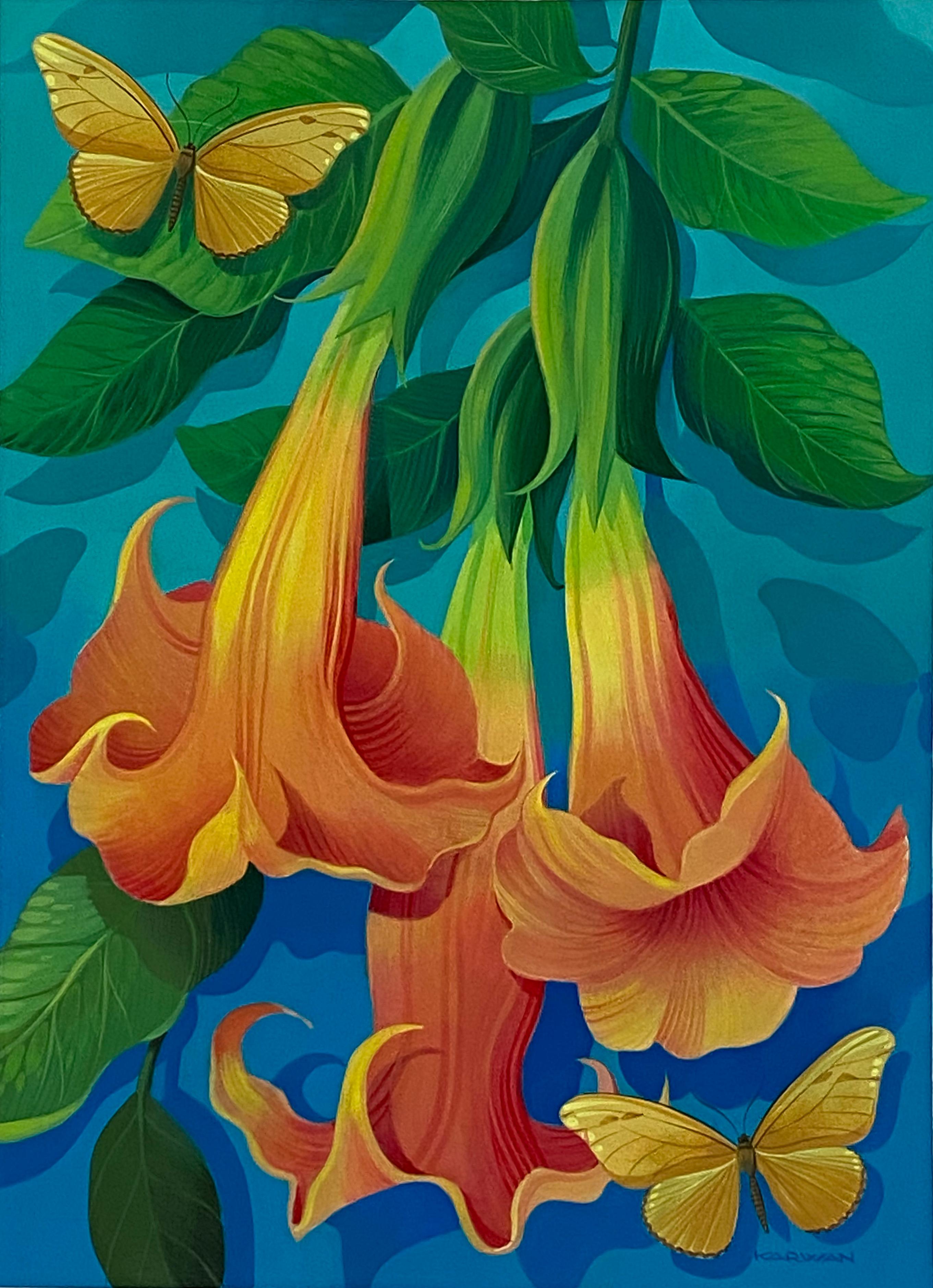 Johnny Karwan Still-Life Painting - Trumpet Flowers and Butterflies, Original Painting