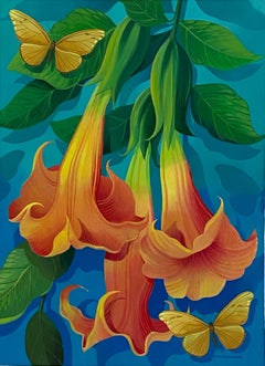 Trumpet Flowers and Butterflies, Original Painting