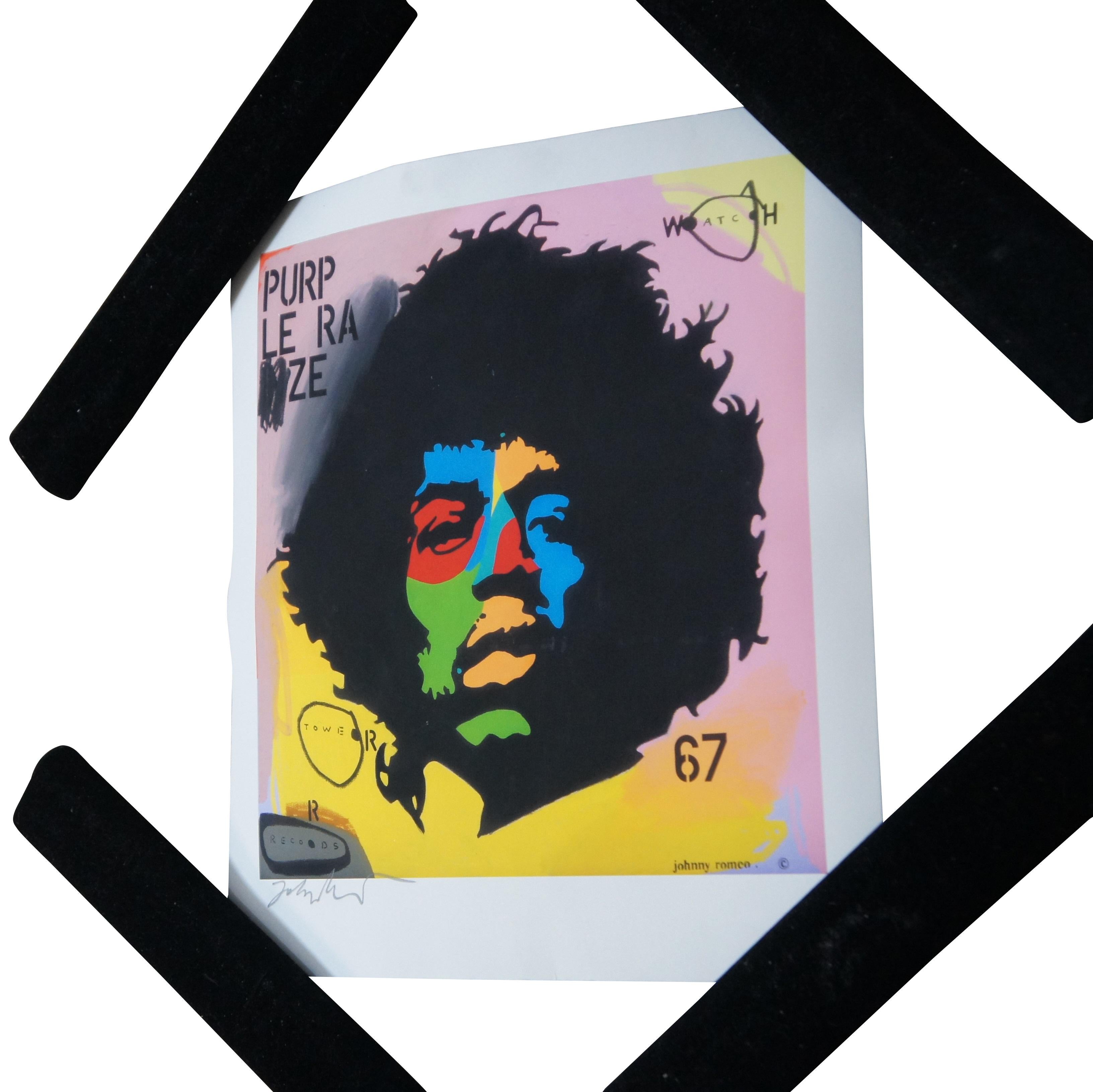 Johnny Romeo Jimmy Hendrix Purple Raze signé Impression Pop Art expressionniste 15 pouces Bon état - En vente à Dayton, OH