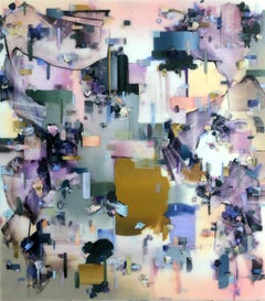 Sheijaku, Grande peinture à l'huile abstraite urbaine contemporaine sur panneau acrylique