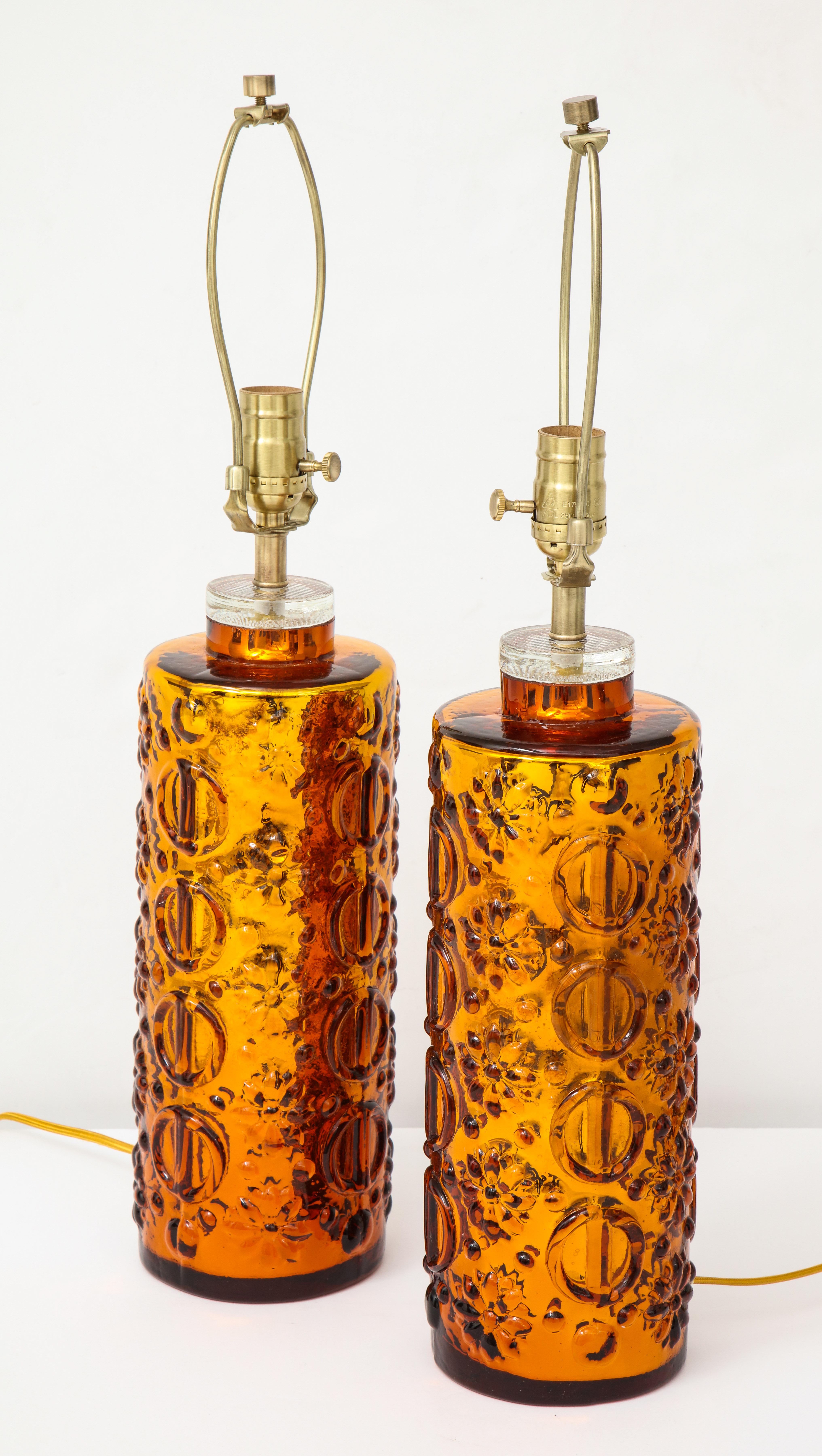 Scandinavian Modern Johansfors Graphic Patterned Gold Glass Lamps For Sale