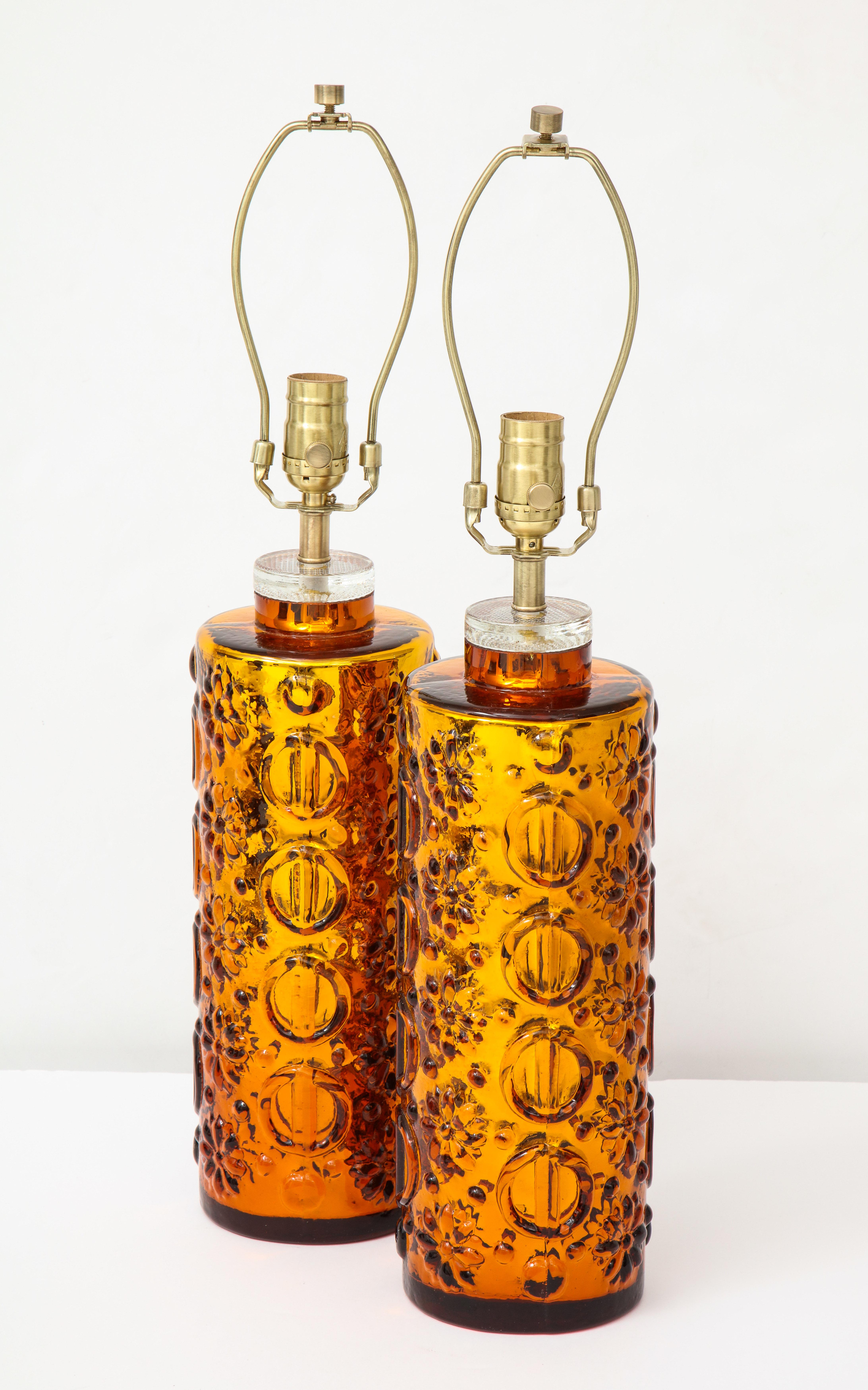 Swedish Johansfors Graphic Patterned Gold Glass Lamps For Sale