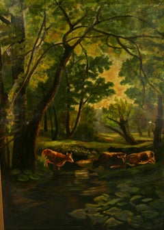 Hudson River School Landscape Oil Painting Cows at the Watering Hole 1941