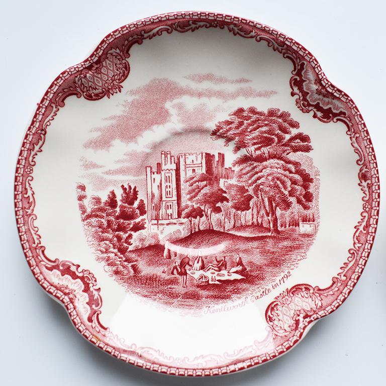 Jacobean Johnson Bros England Red Ceramic Saucers Old Britain Castles, a Pair
