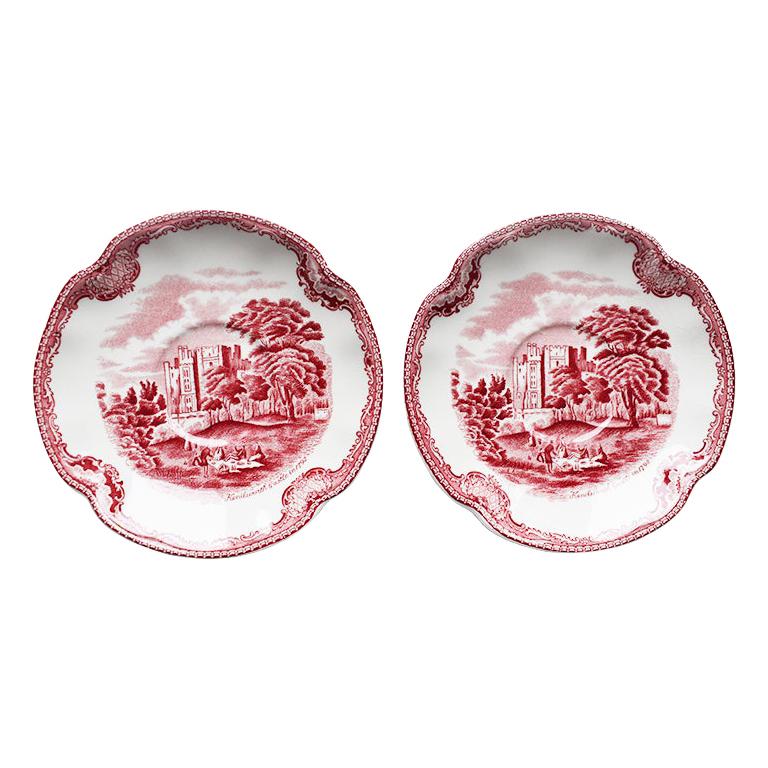Johnson Bros England Red Ceramic Saucers Old Britain Castles, a Pair