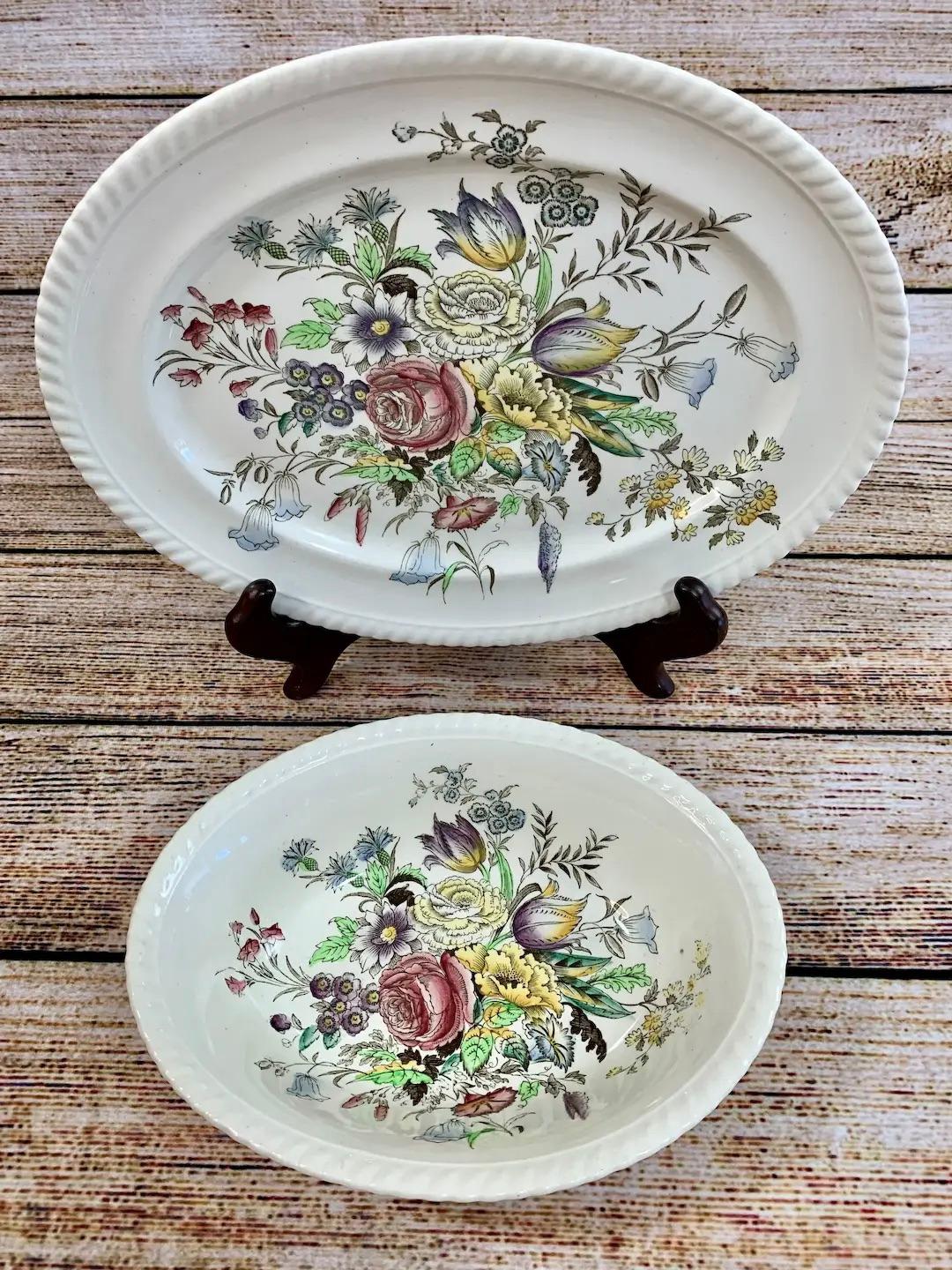 Johnson Bros WindsorWare in the highly sought after “Garden Bouquet” transferware pattern. Manufactured in England circa 1940-1970. 

This beautiful two-piece matching set includes both the 12 inch oval platter and 9 inch vegetable bowl.