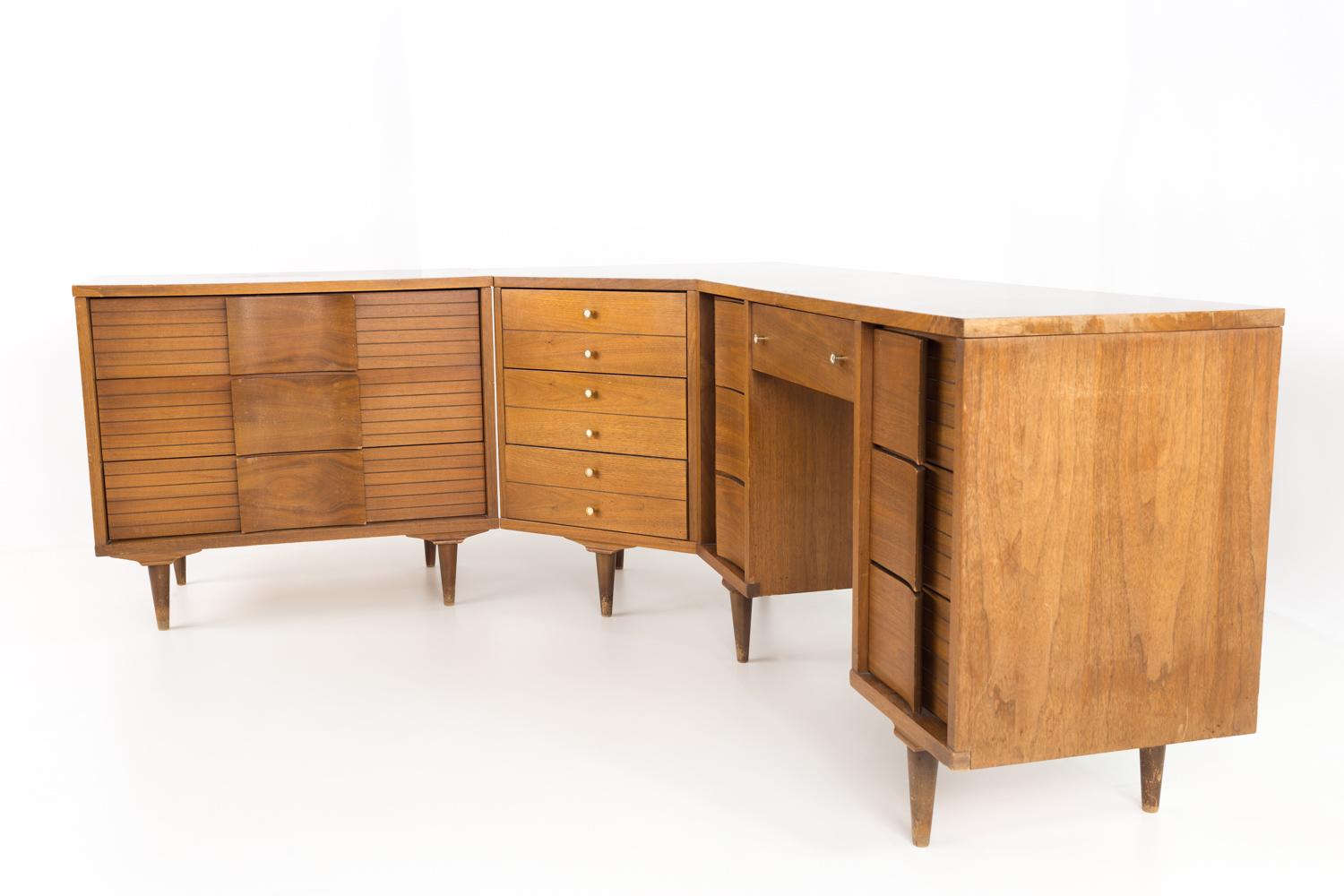 Johnson Carper mid century walnut and formica 4 piece corner dresser desk
Desk measures: 52 wide x 17.75 deep x 31.25 high

All pieces of furniture can be had in what we call restored vintage condition. That means the piece is restored upon
