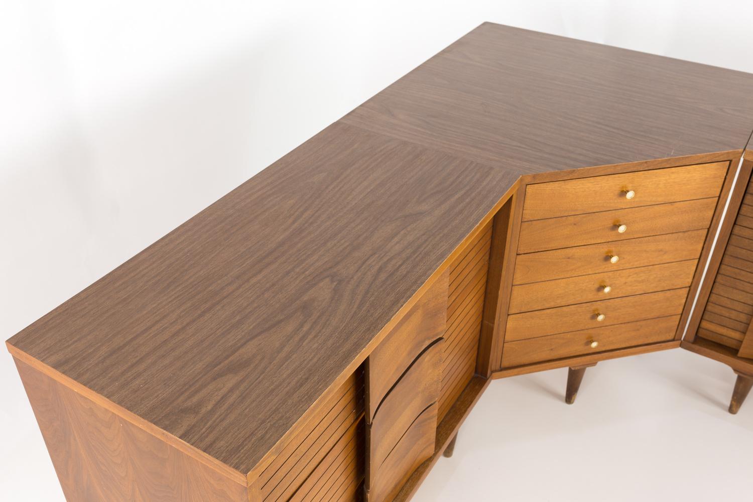 Mid-Century Modern Johnson Carper Mid Century Walnut and Formica 4 Piece Corner Dresser Desk