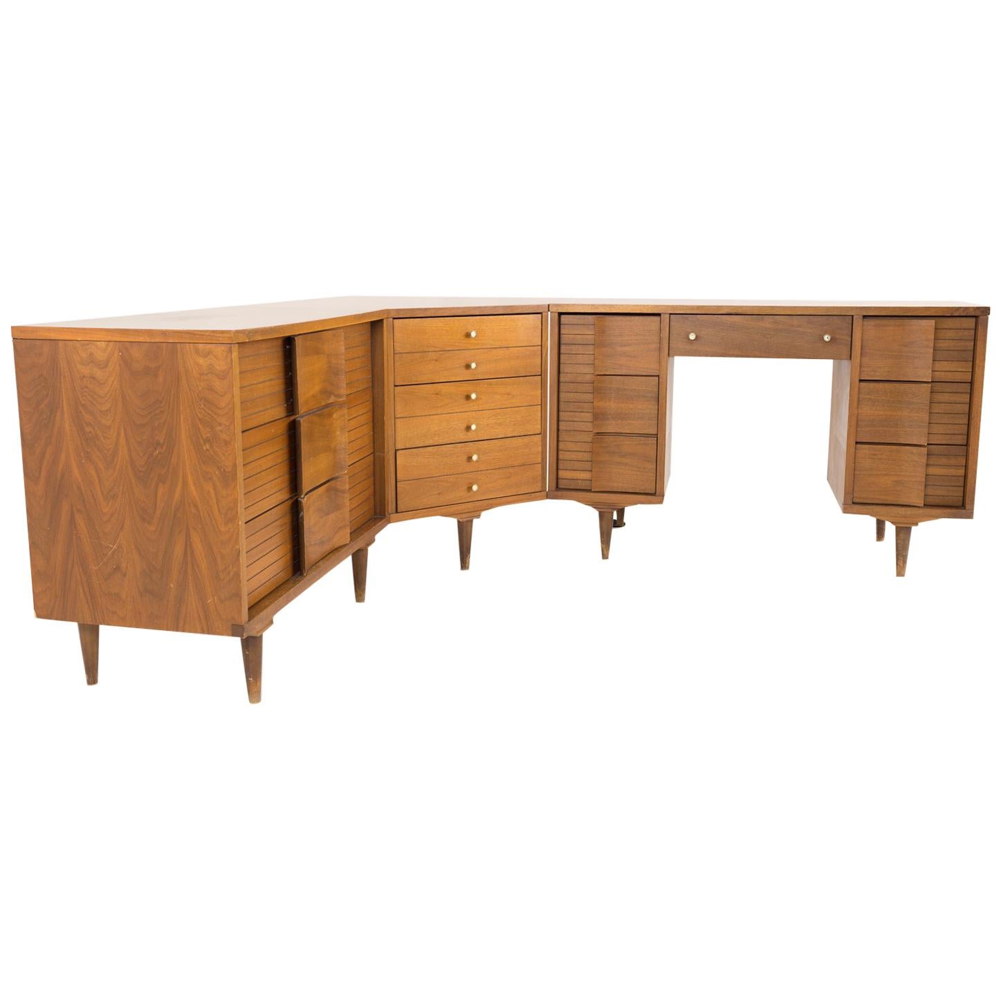 Johnson Carper Mid Century Walnut and Formica 4 Piece Corner Dresser Desk