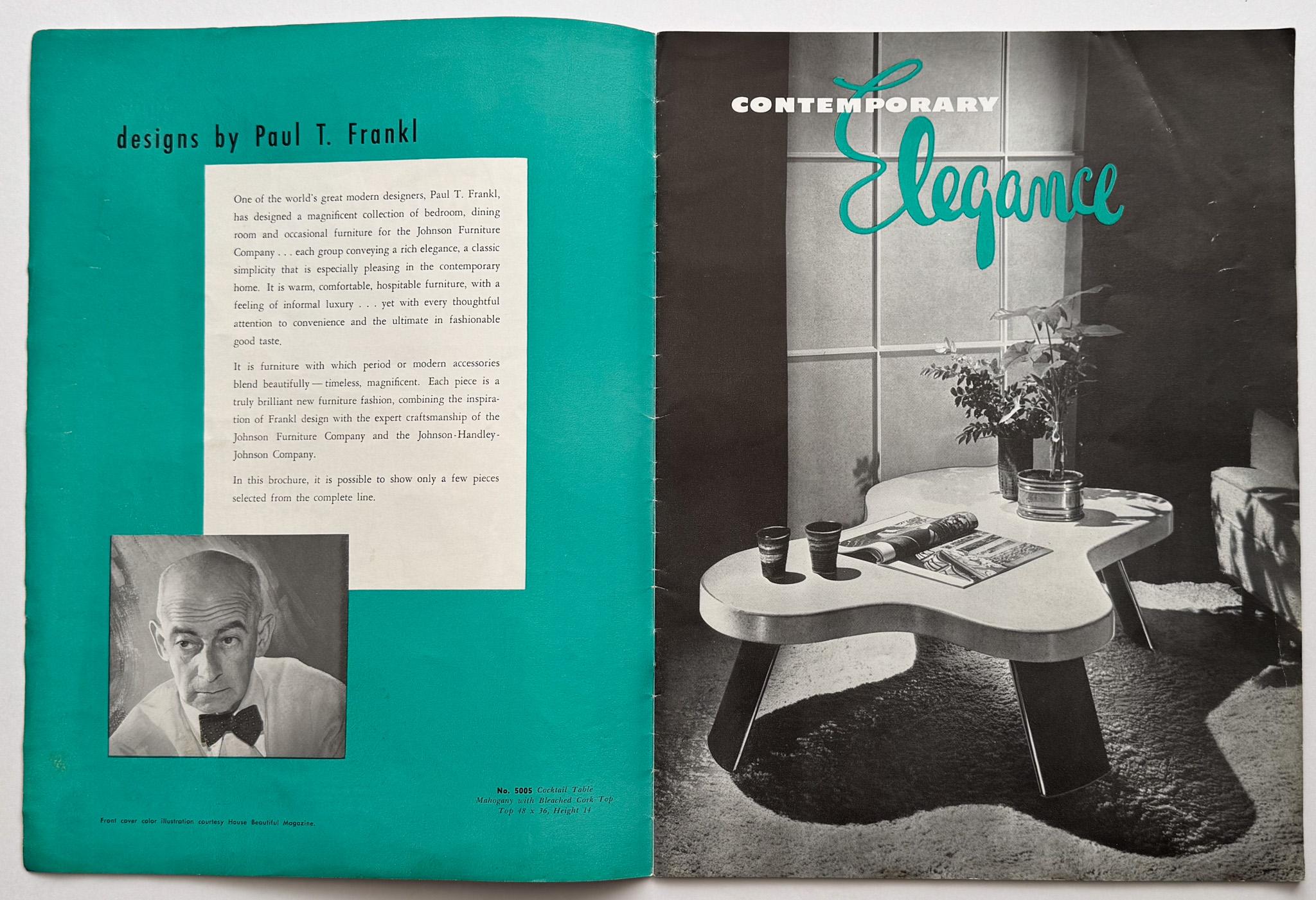 Folleto de Johnson Furniture Company que muestra los diseños de mediados de siglo del arquitecto, diseñador y autor austriaco-americano Paul T. Frankl (1886-1958). Nacido en Viena y educado en Austria y Alemania, Frankl emigró a Estados Unidos en la