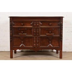 Johnson Furniture English Tudor Carved Burled Walnut Dresser, Newly Refinished