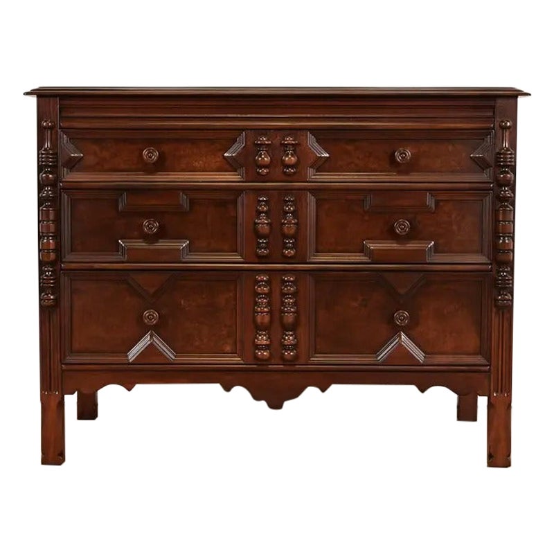 Johnson Furniture English Tudor Carved Burled Walnut Dresser, Newly Refinished