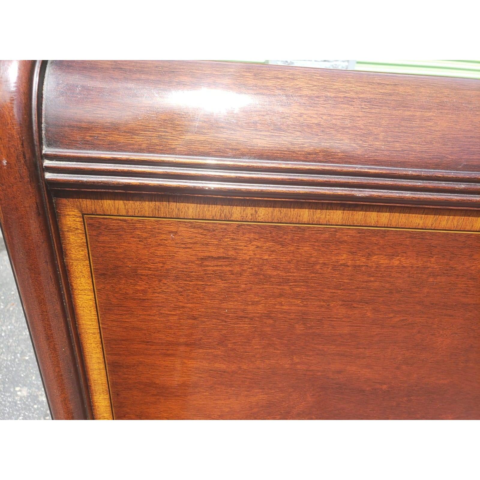 1950s Johnson Furniture mahogany banded sleigh bed. Mahogany veneer finish. Good condition. Queen size. 56