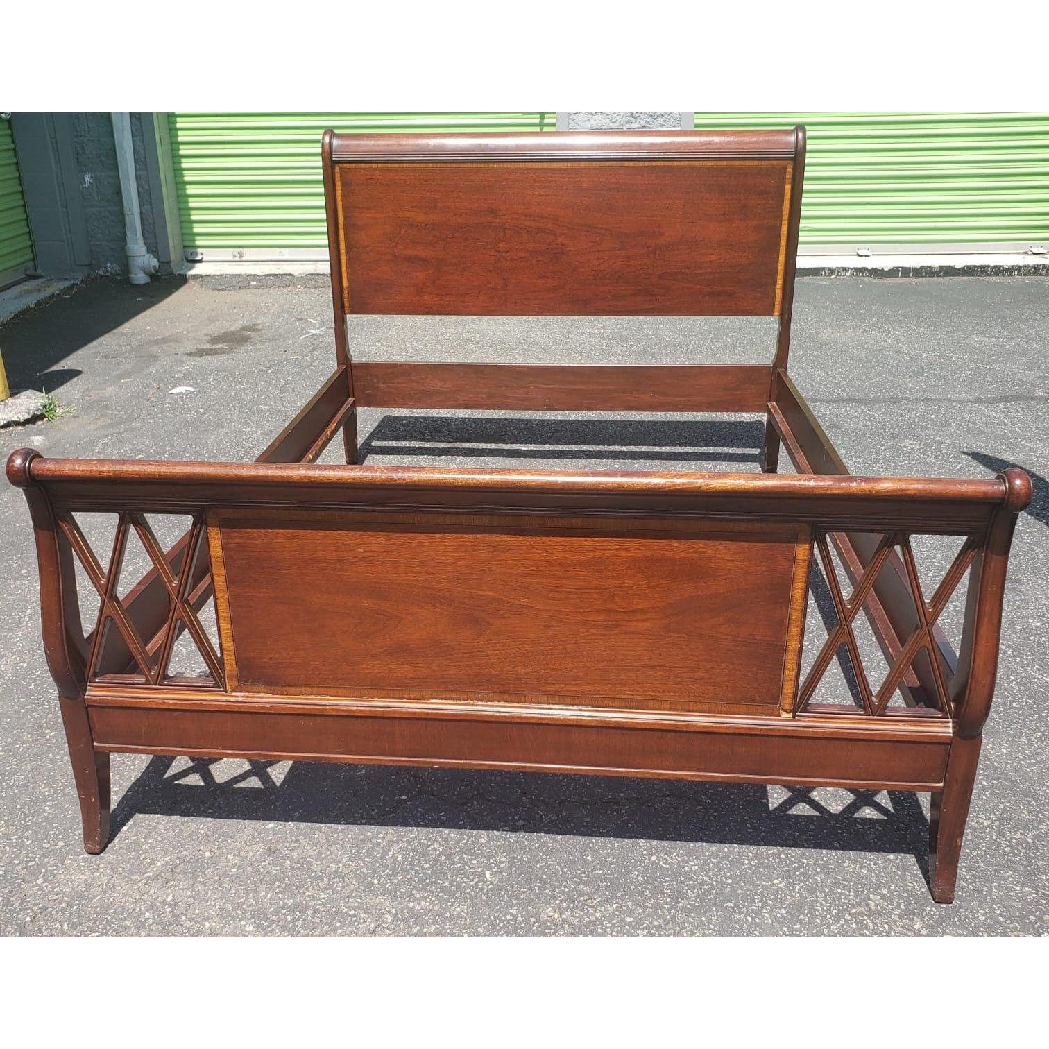 Mid-Century Modern Johnson Furniture Mahogany Banded Queen Sleigh Bedframe