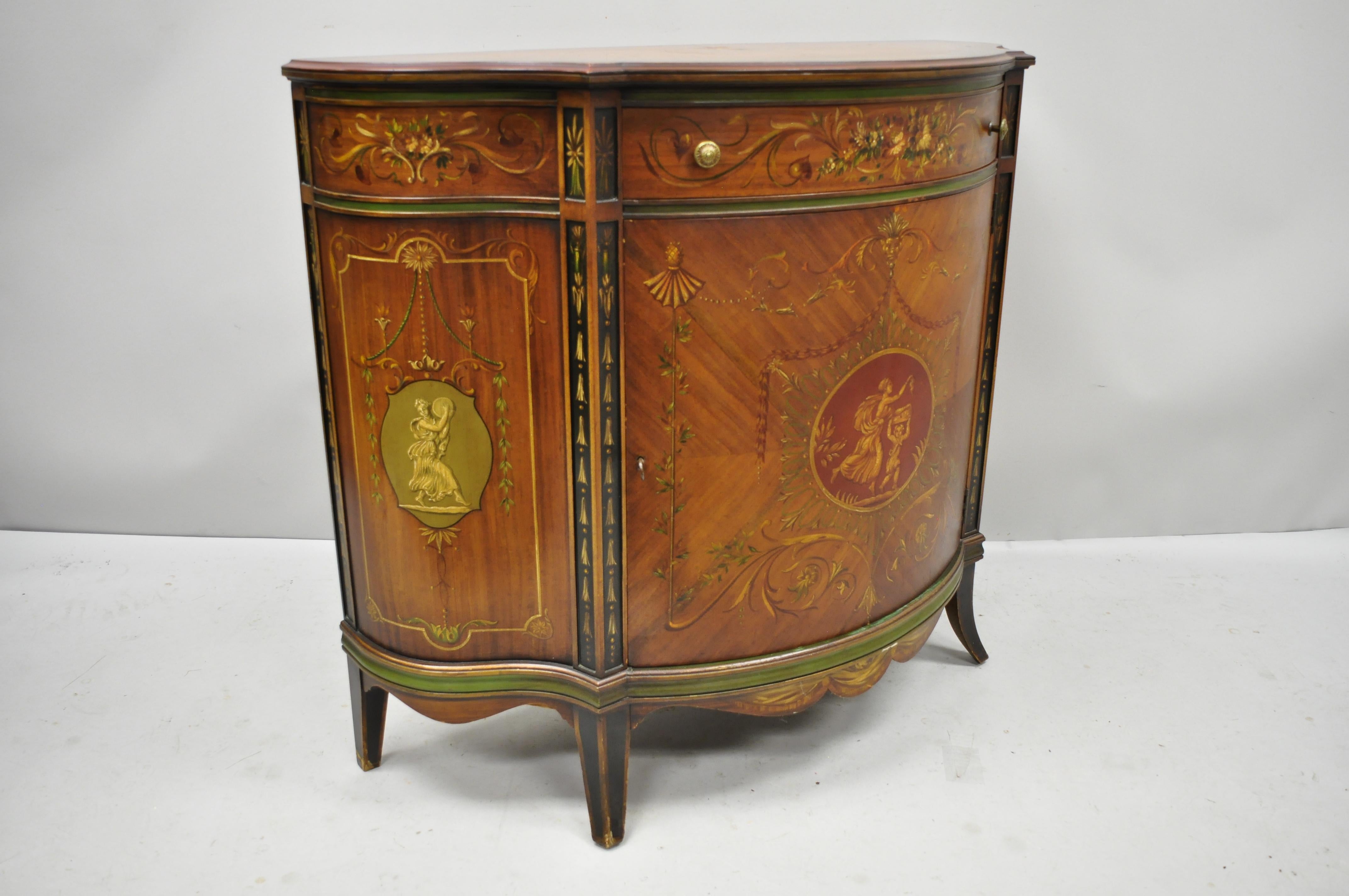 Adam Style Johnson Handley Adams Paint Decorated Demilune Bombe Commode Console Table Chest