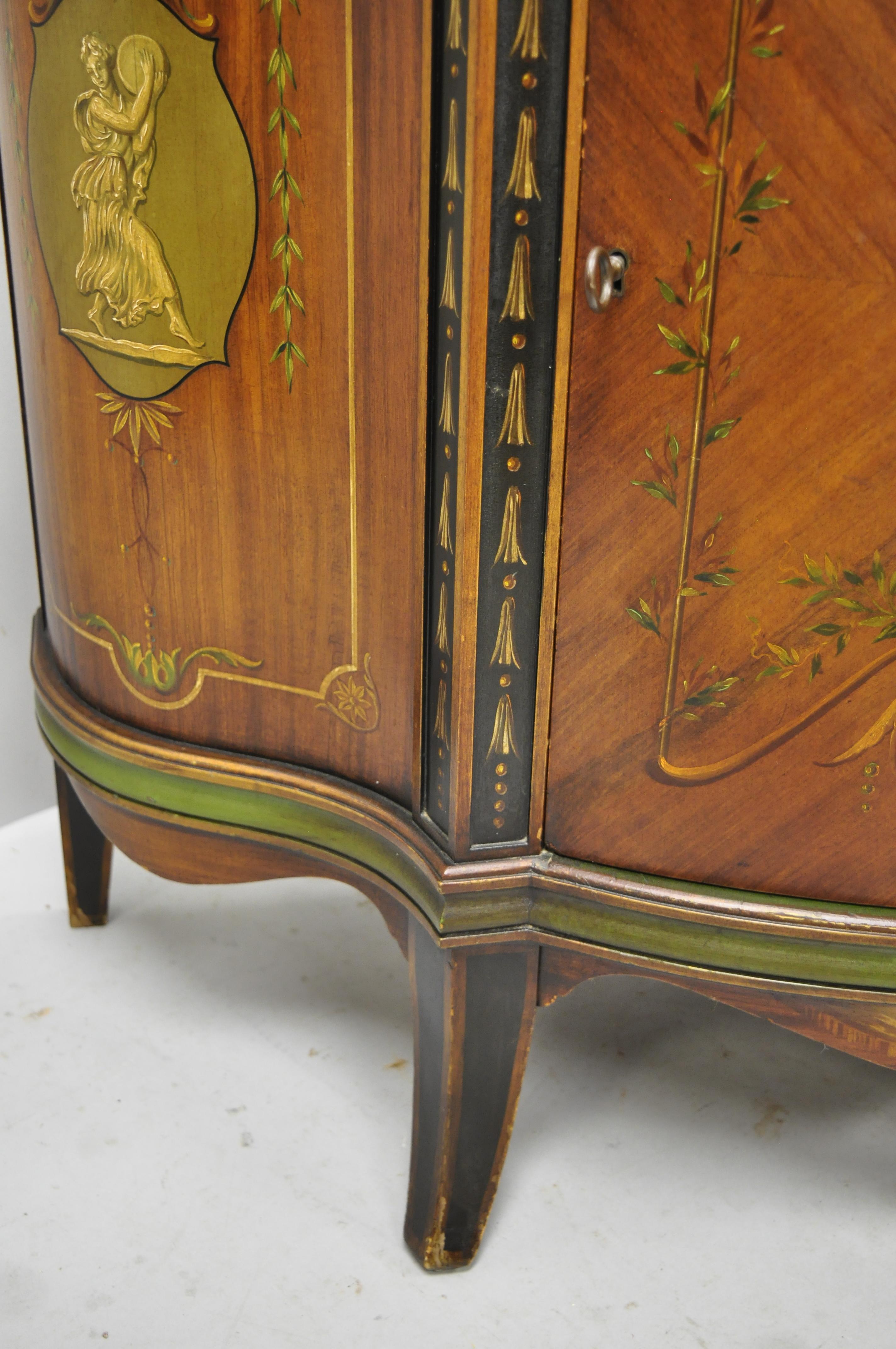 Johnson Handley Adams Paint Decorated Demilune Bombe Commode Console Table Chest In Good Condition In Philadelphia, PA