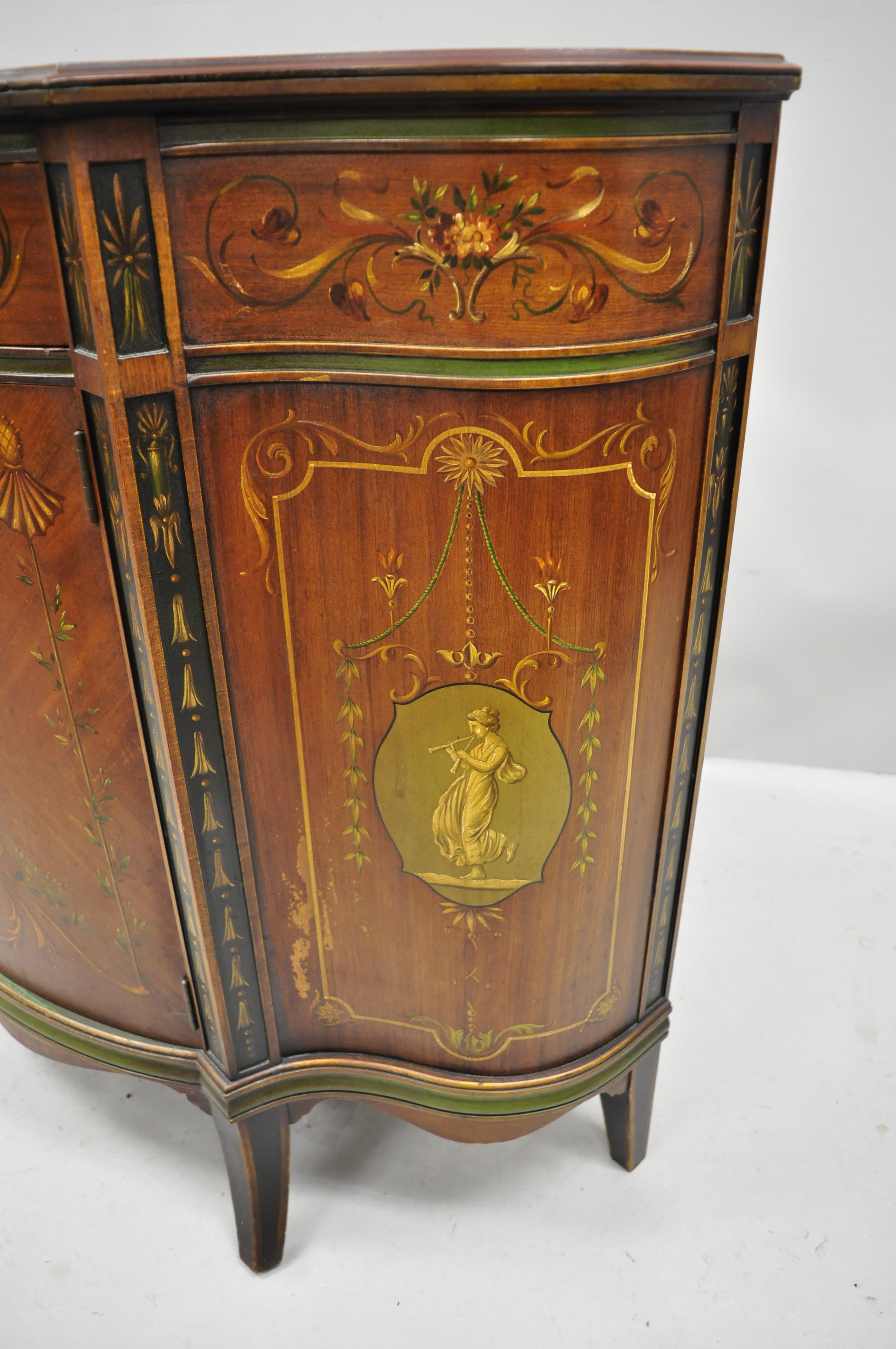 20th Century Johnson Handley Adams Paint Decorated Demilune Bombe Commode Console Table Chest