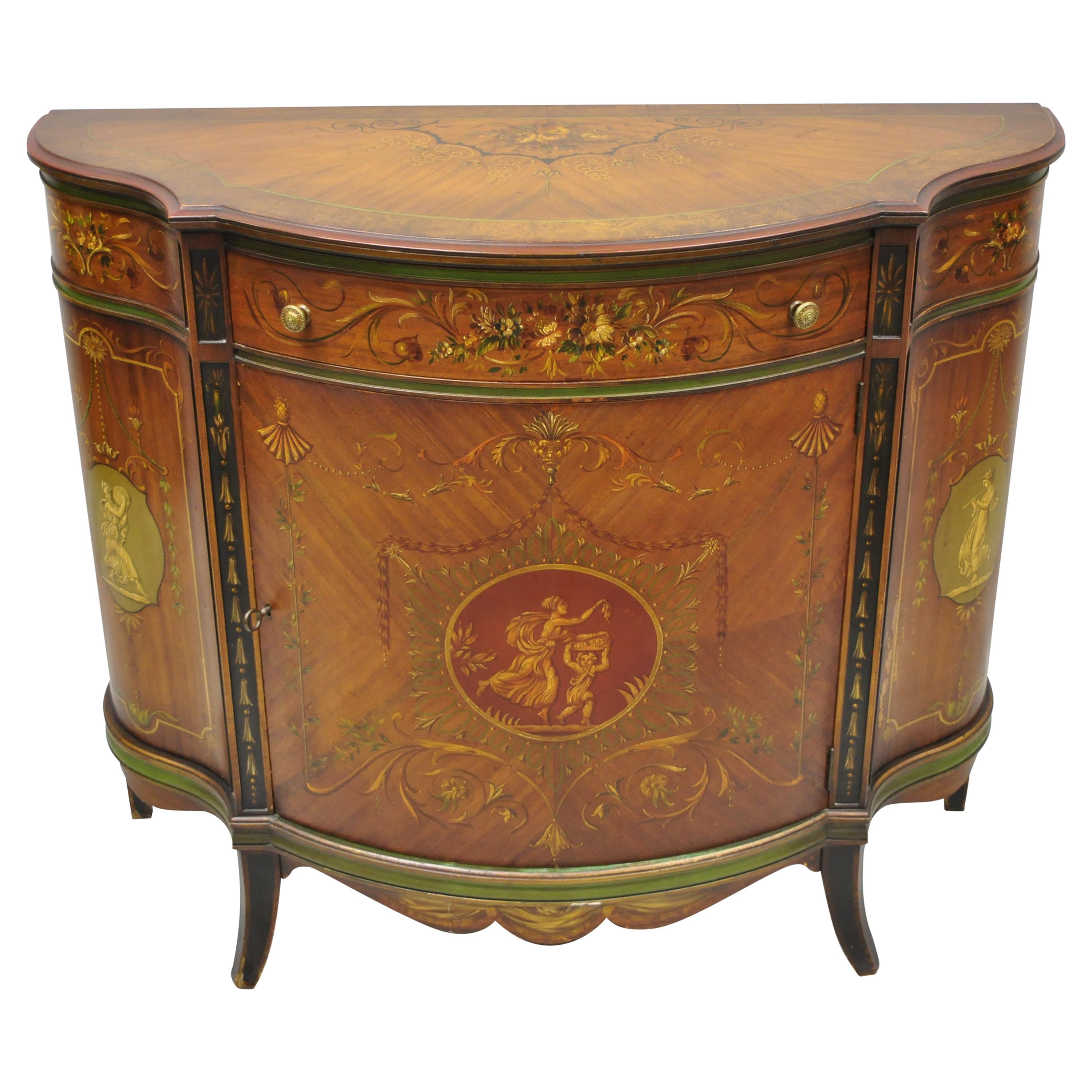 Johnson Handley Adams Paint Decorated Demilune Bombe Commode Console Table Chest