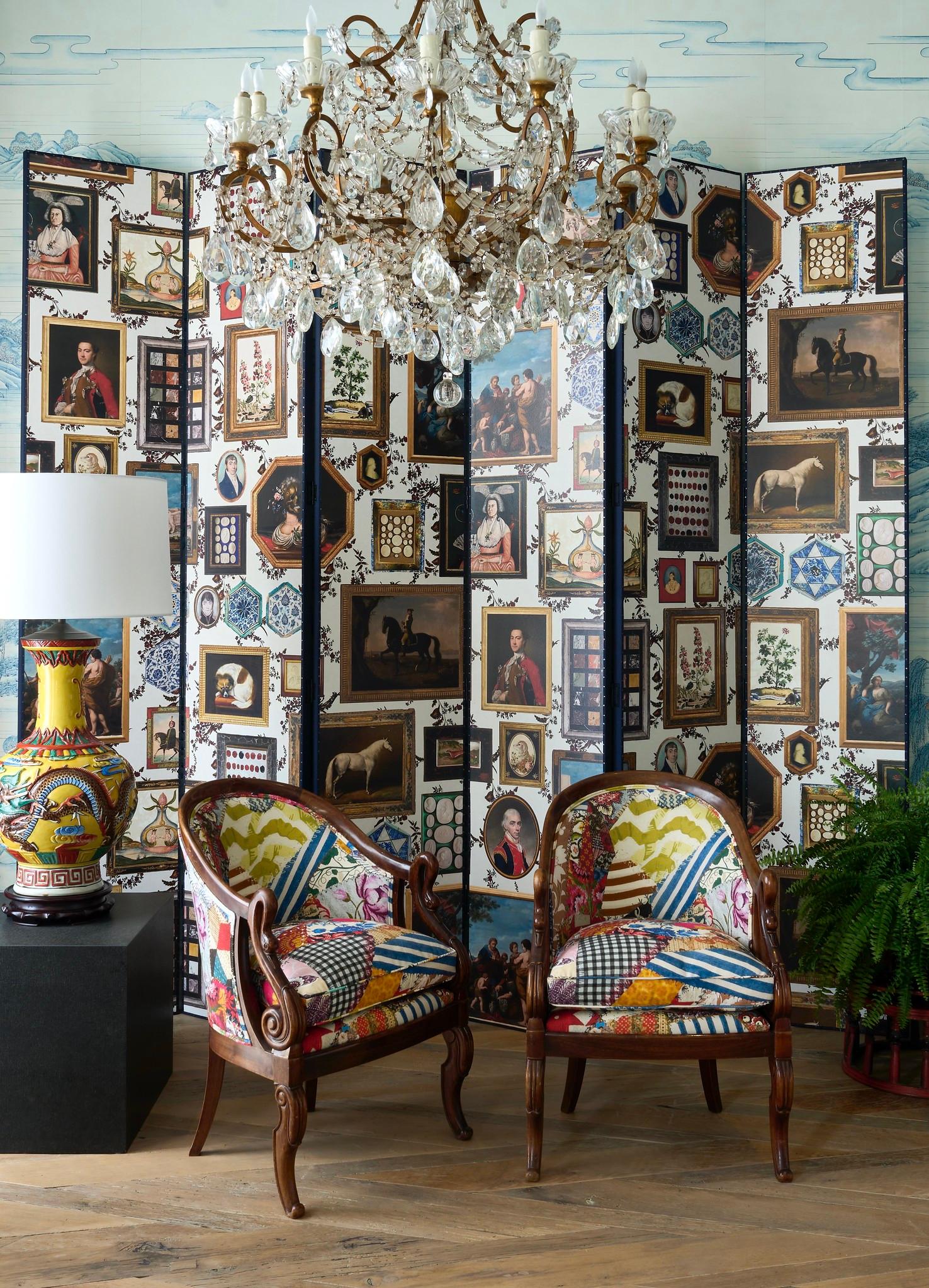 Custom six panel screen with Johnson Hartig of Libertine Le Grand Tour Floral Wallpaper (reverse side Architecture Teal Wallpaper) by Schumacher. Each panel inspired by an eclectic mix of antique paintings and collectibles with hand applied navy