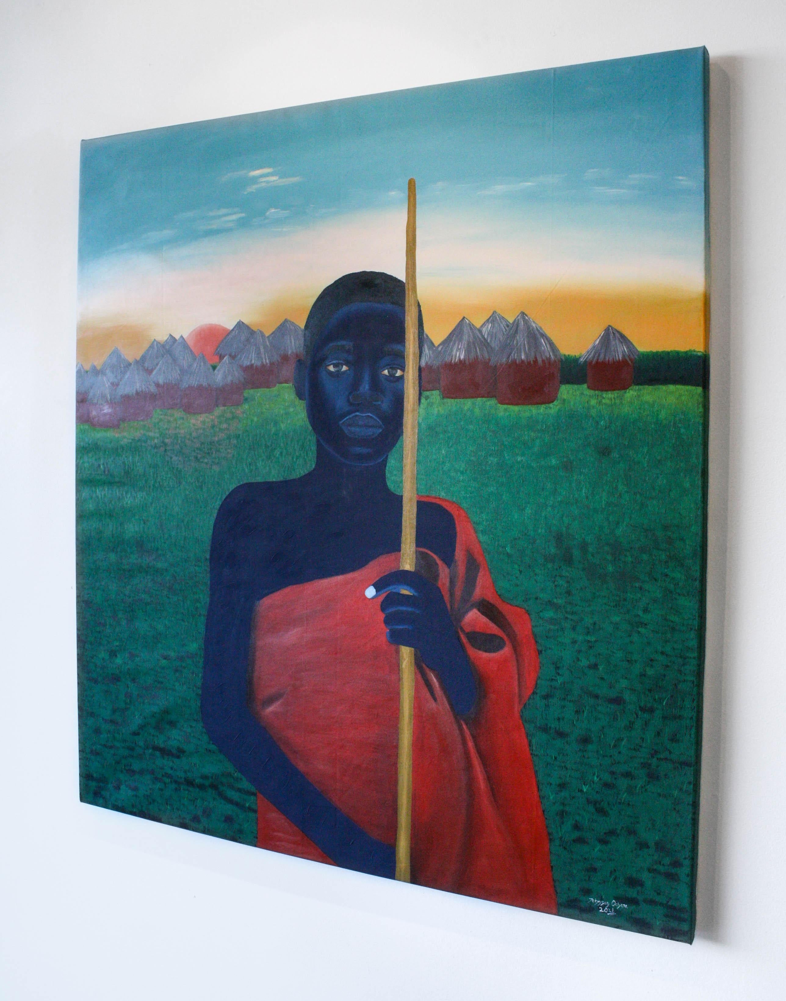 Boy with Gold Staff - Painting by Johnson Ocheja