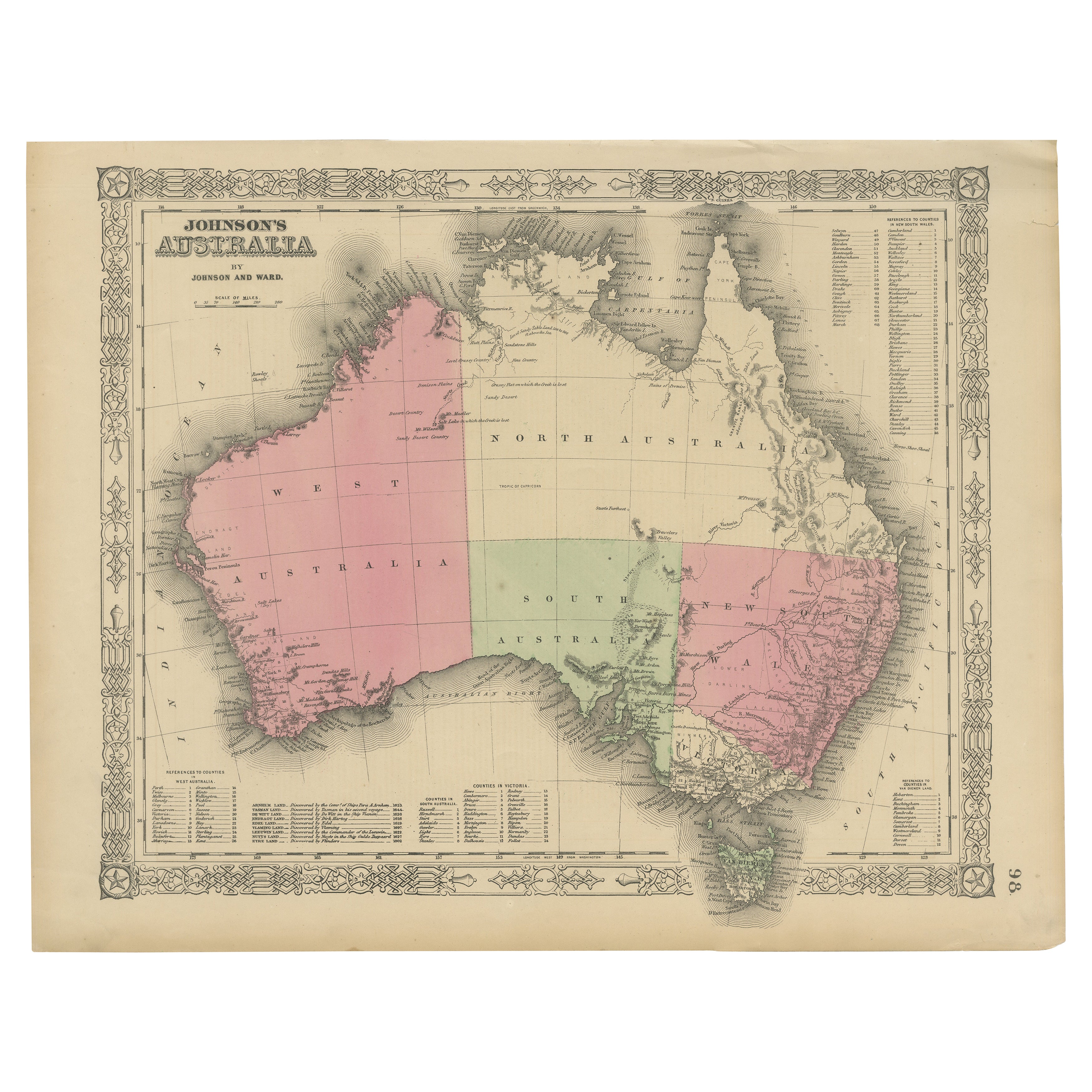 Johnson's Australia Map, USA Published c.1864 - Mapa decorativo coloreado a mano